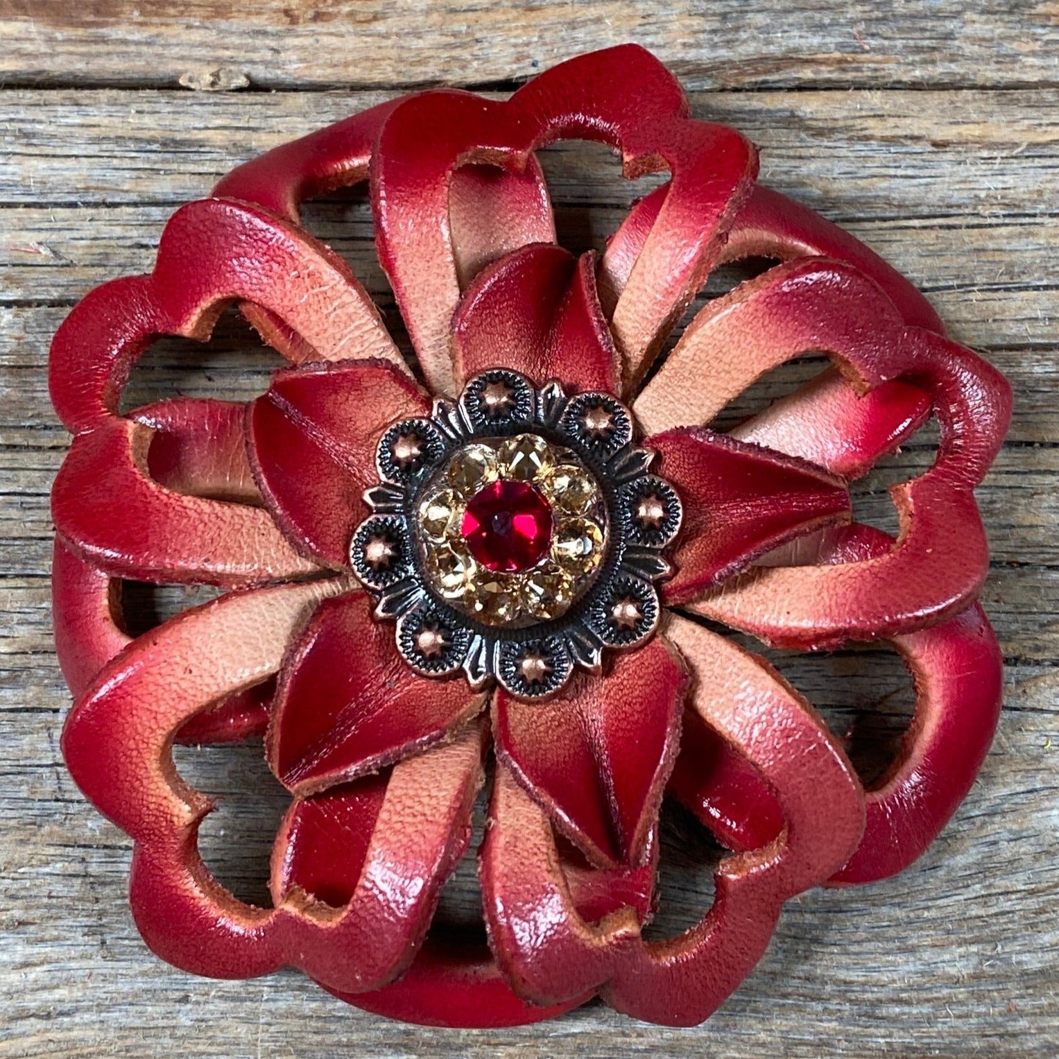 Red Lotus Flower With Copper Ruby, Champagne 1" Concho