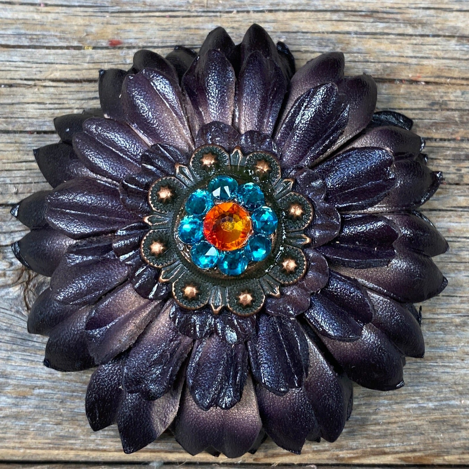 Black Daisy Leather Flowers - 1" Crystal Conchos - Options