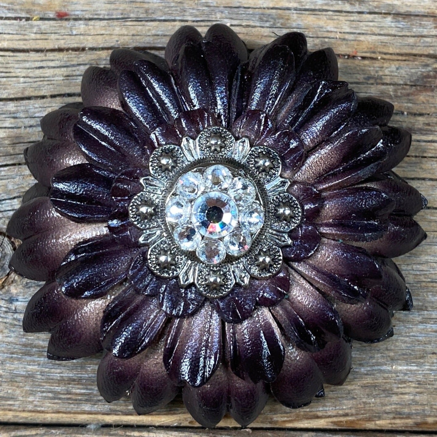 Black Daisy Leather Flowers - 1" Crystal Conchos - Options