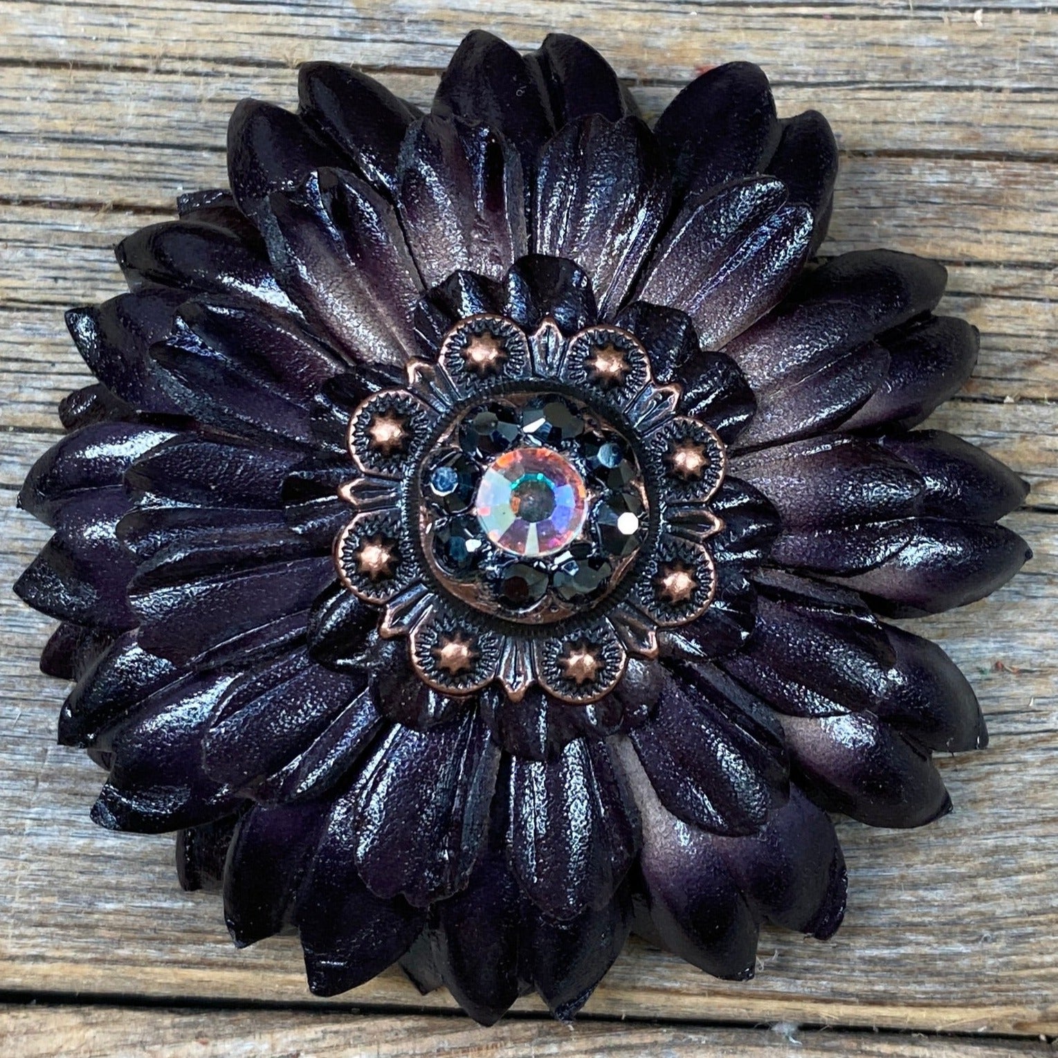 Black Daisy Leather Flowers - 1" Crystal Conchos - Options