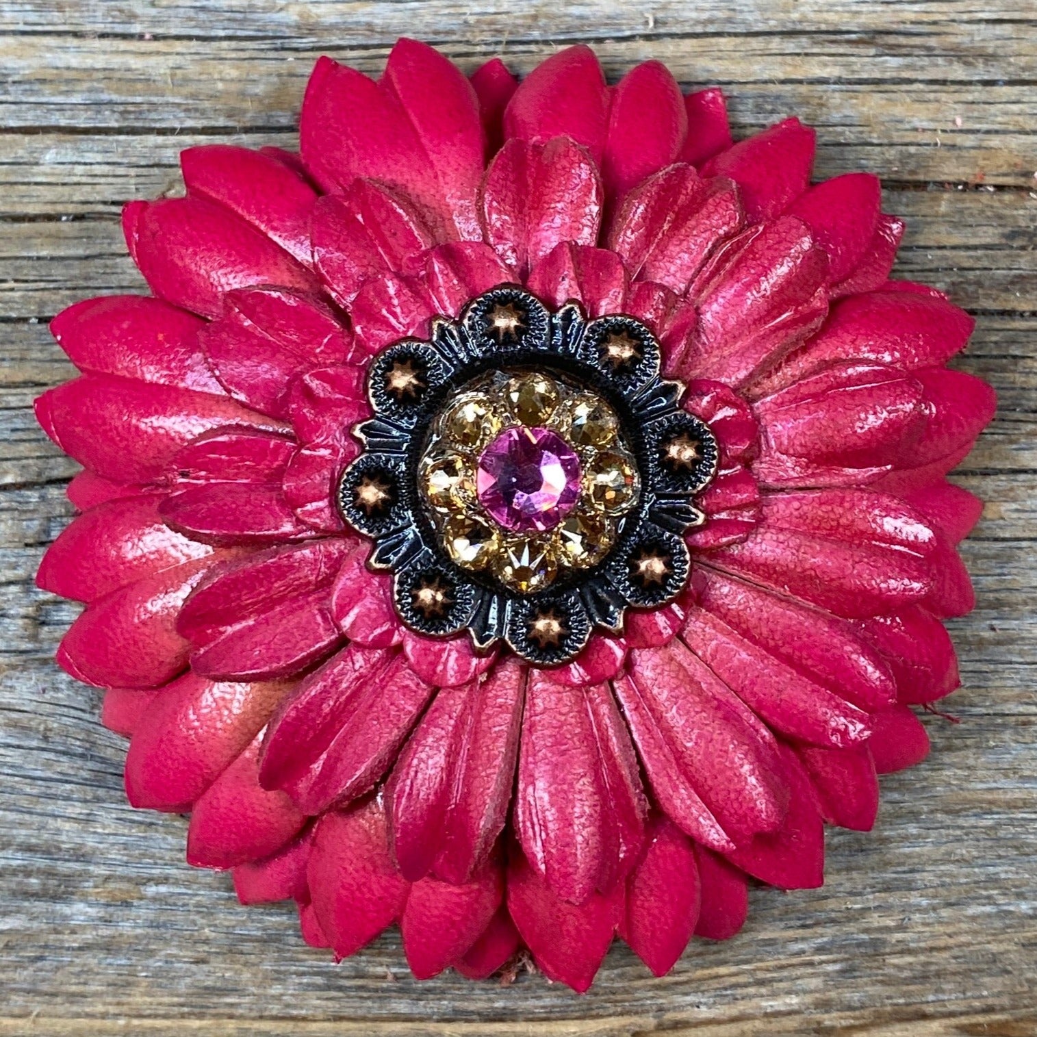 Pink Daisy Leather Flowers - 1" Crystal Conchos - Options