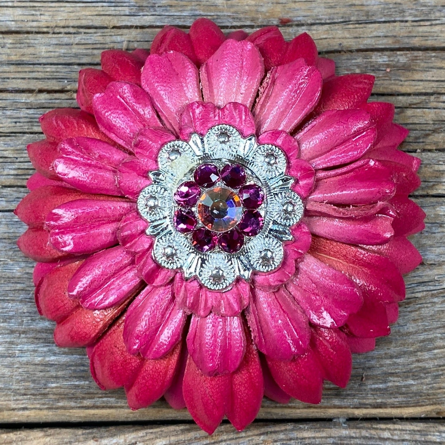 Pink Daisy Leather Flowers - 1" Crystal Conchos - Options