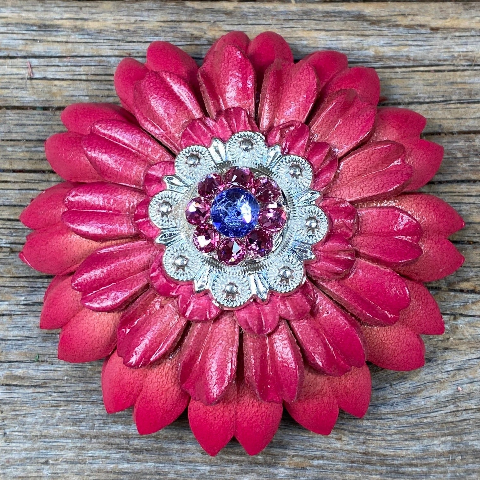 Pink Daisy Leather Flowers - 1" Crystal Conchos - Options