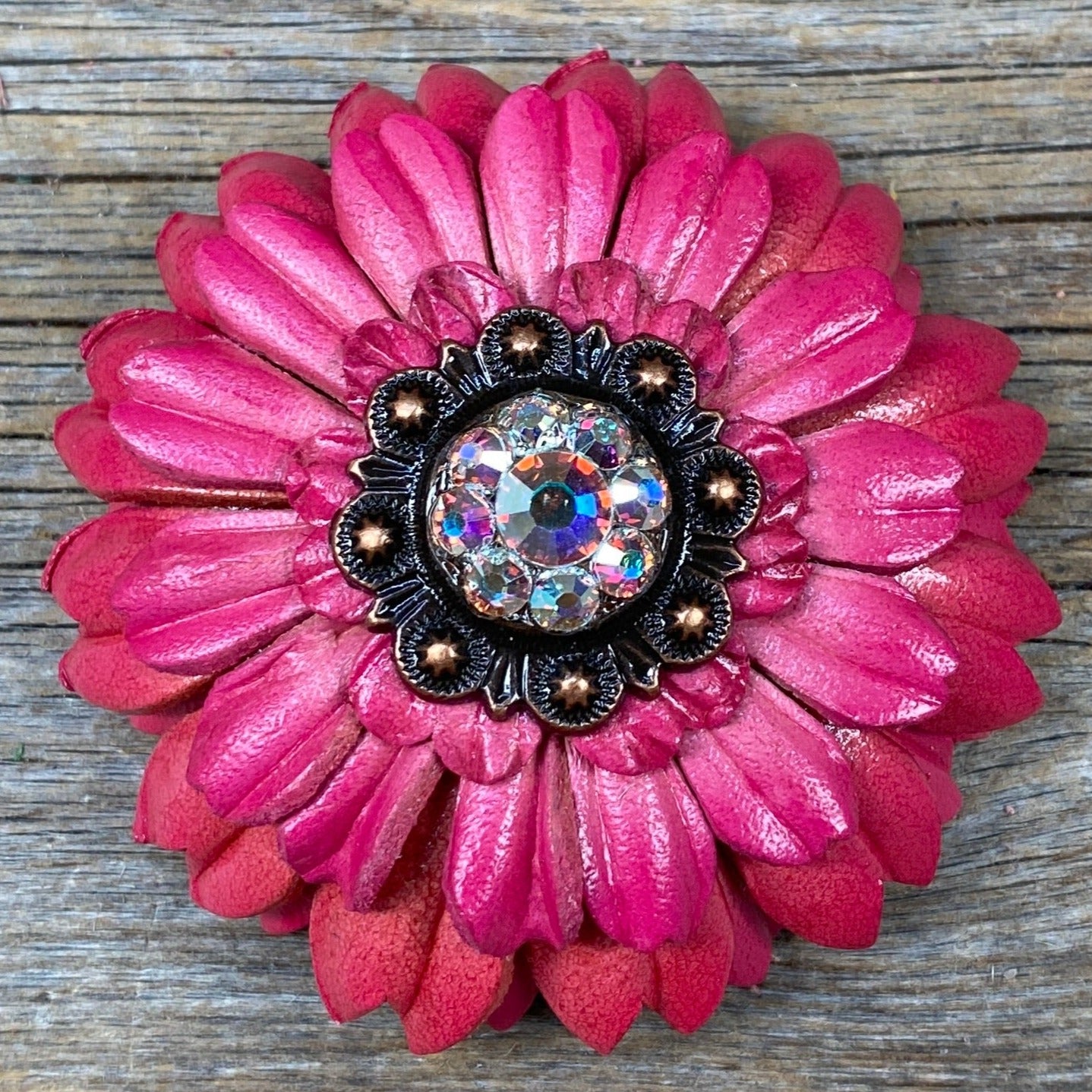 Pink Daisy Leather Flowers - 1" Crystal Conchos - Options