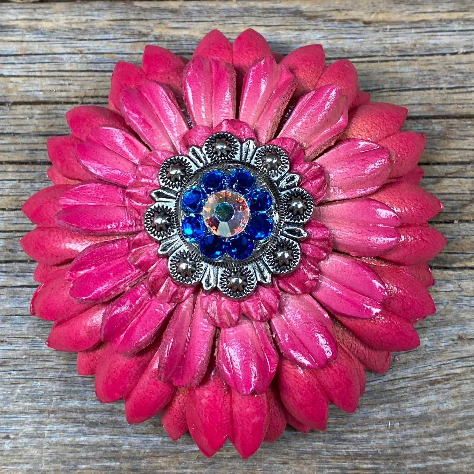 Pink Daisy Leather Flowers - 1" Crystal Conchos - Options