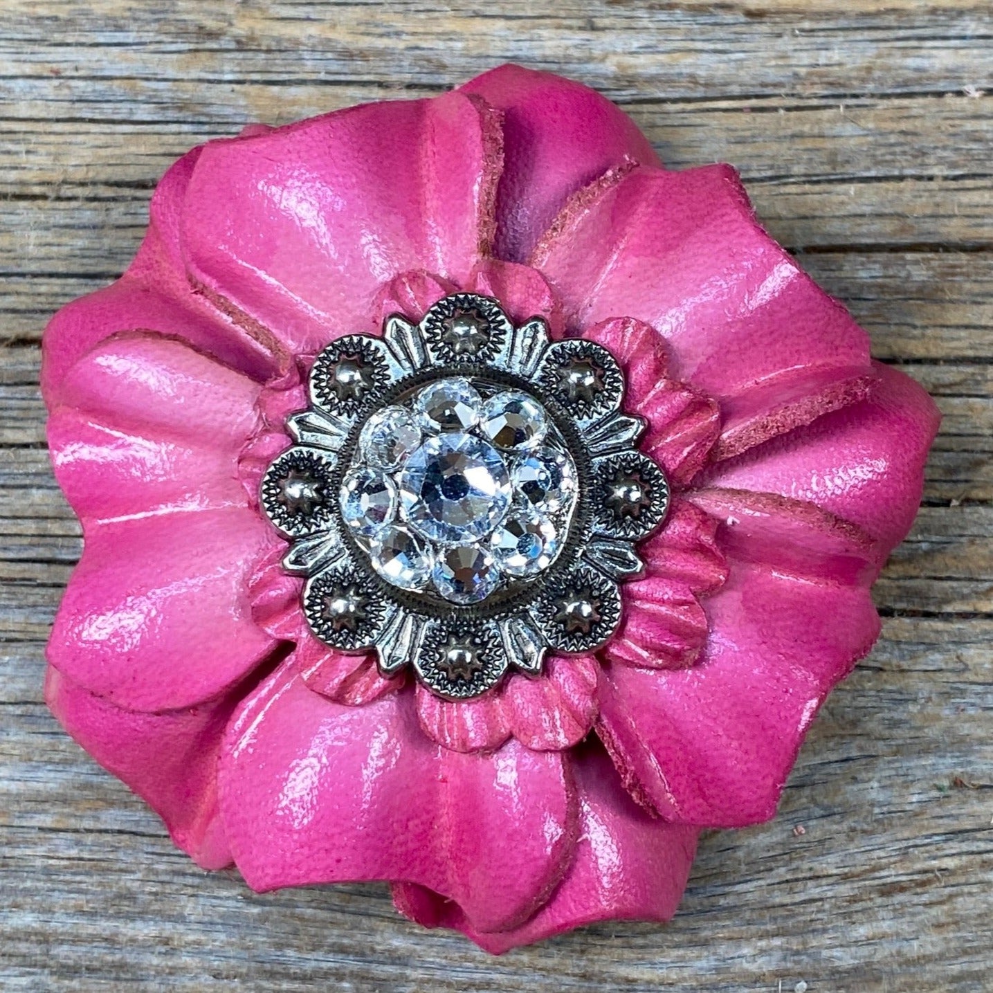 Pink Carnations Leather Flowers - 1" Crystal Conchos - Options