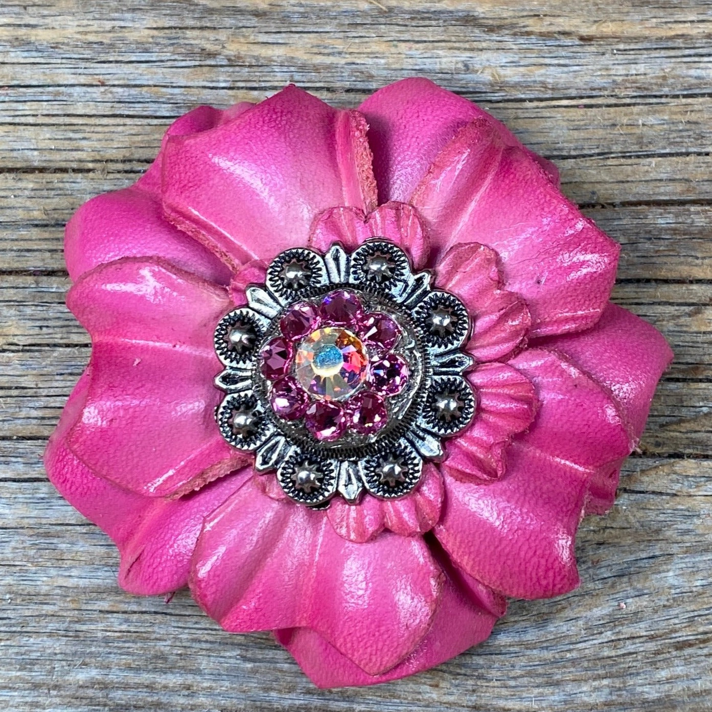 Pink Carnations Leather Flowers - 1" Crystal Conchos - Options