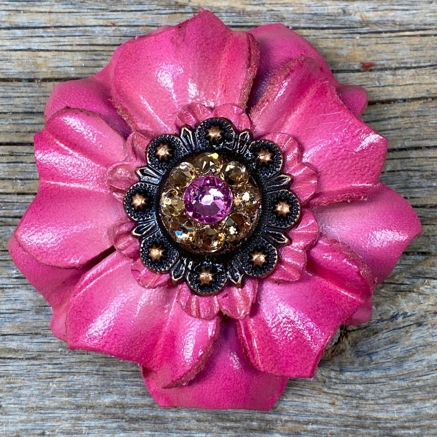 Pink Carnations Leather Flowers - 1" Crystal Conchos - Options