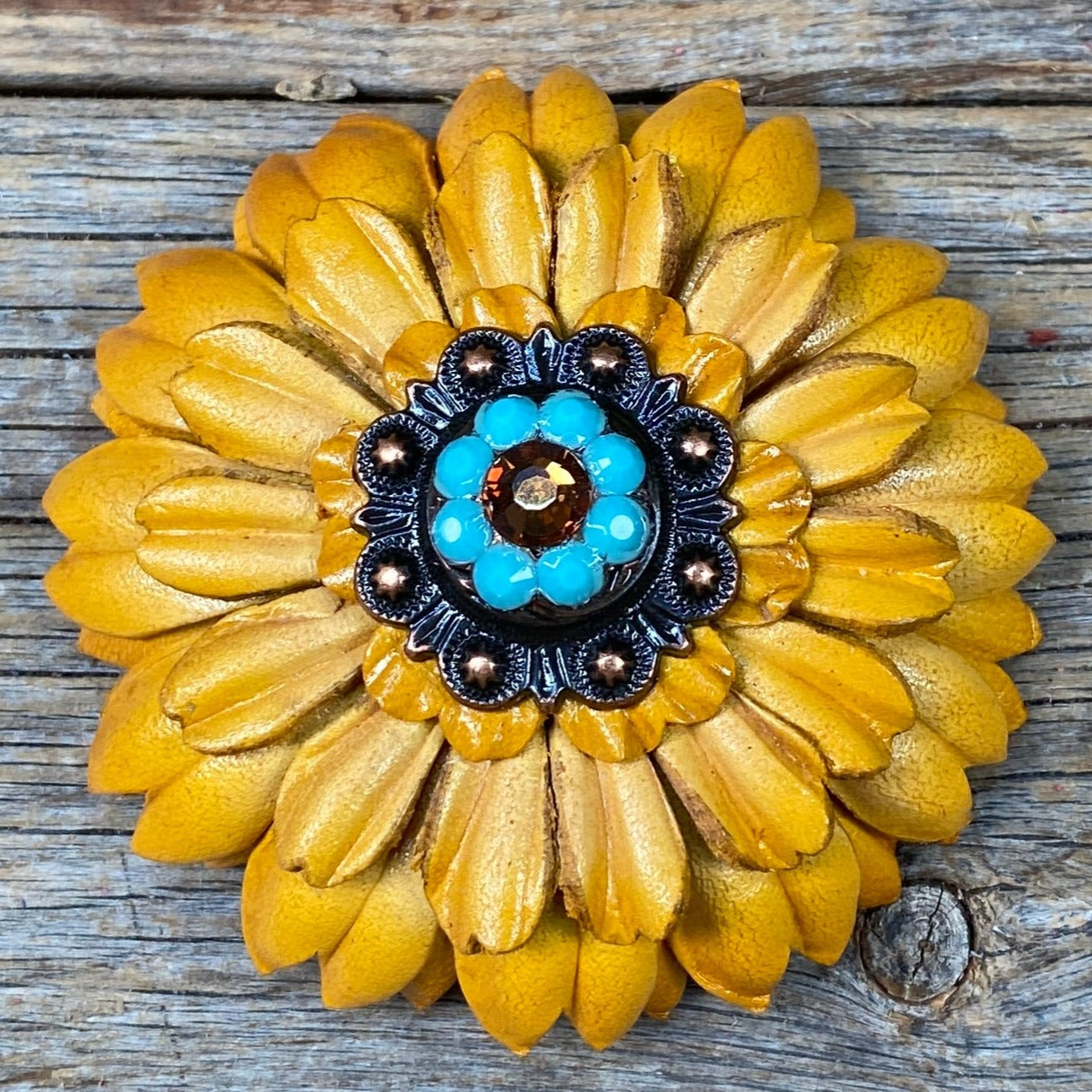 Yellow Daisy Leather Flowers - 1" Crystal Conchos - Options