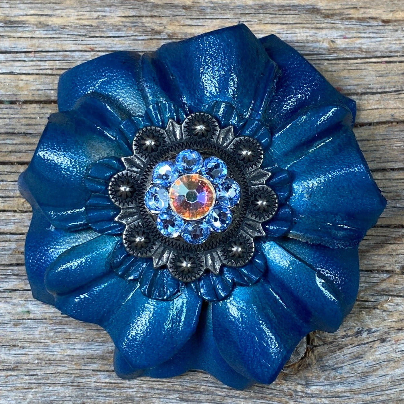 Teal Carnations Leather Flowers - 1" Crystal Conchos - Options