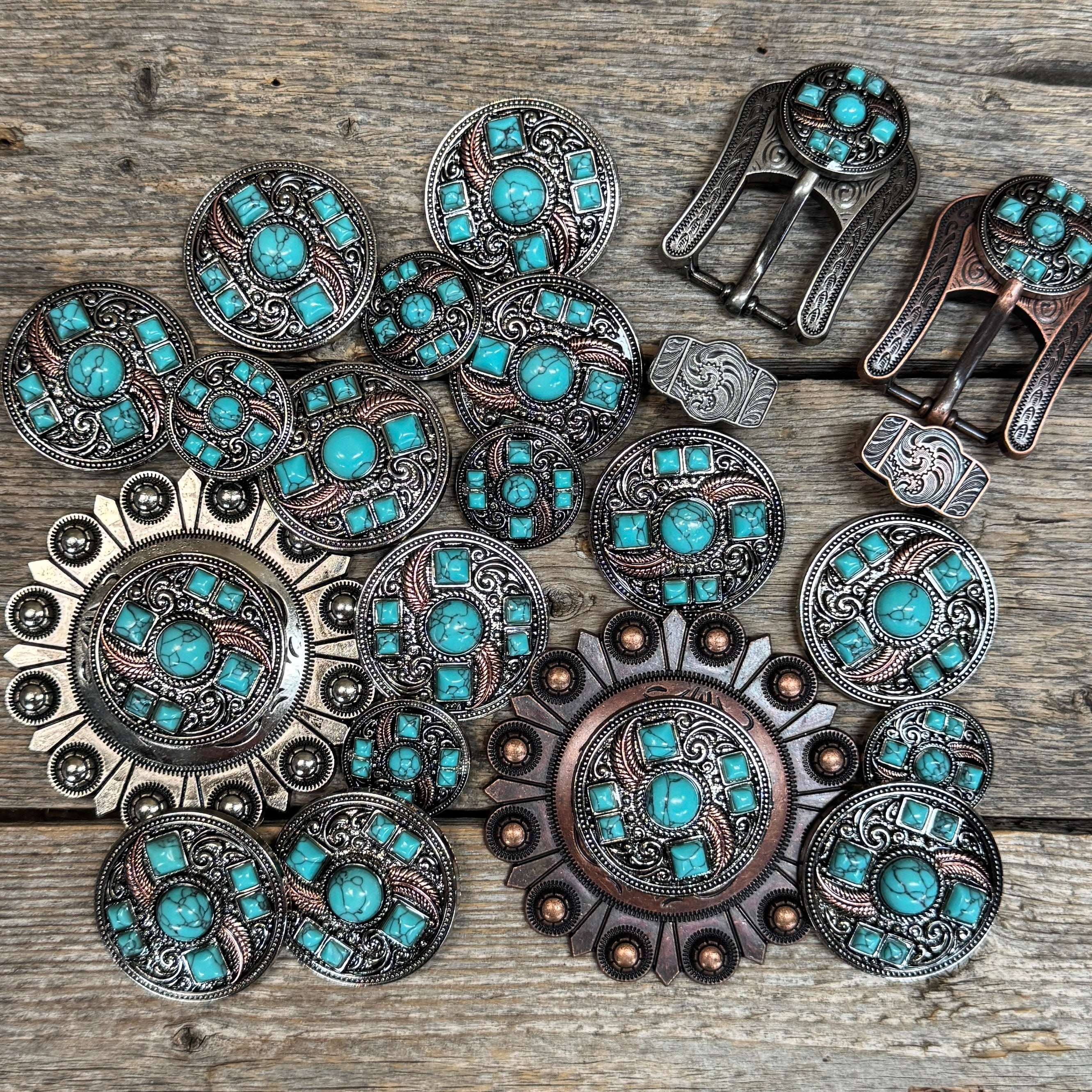 Antique Silver Turquoise and Feather Western Concho W251
