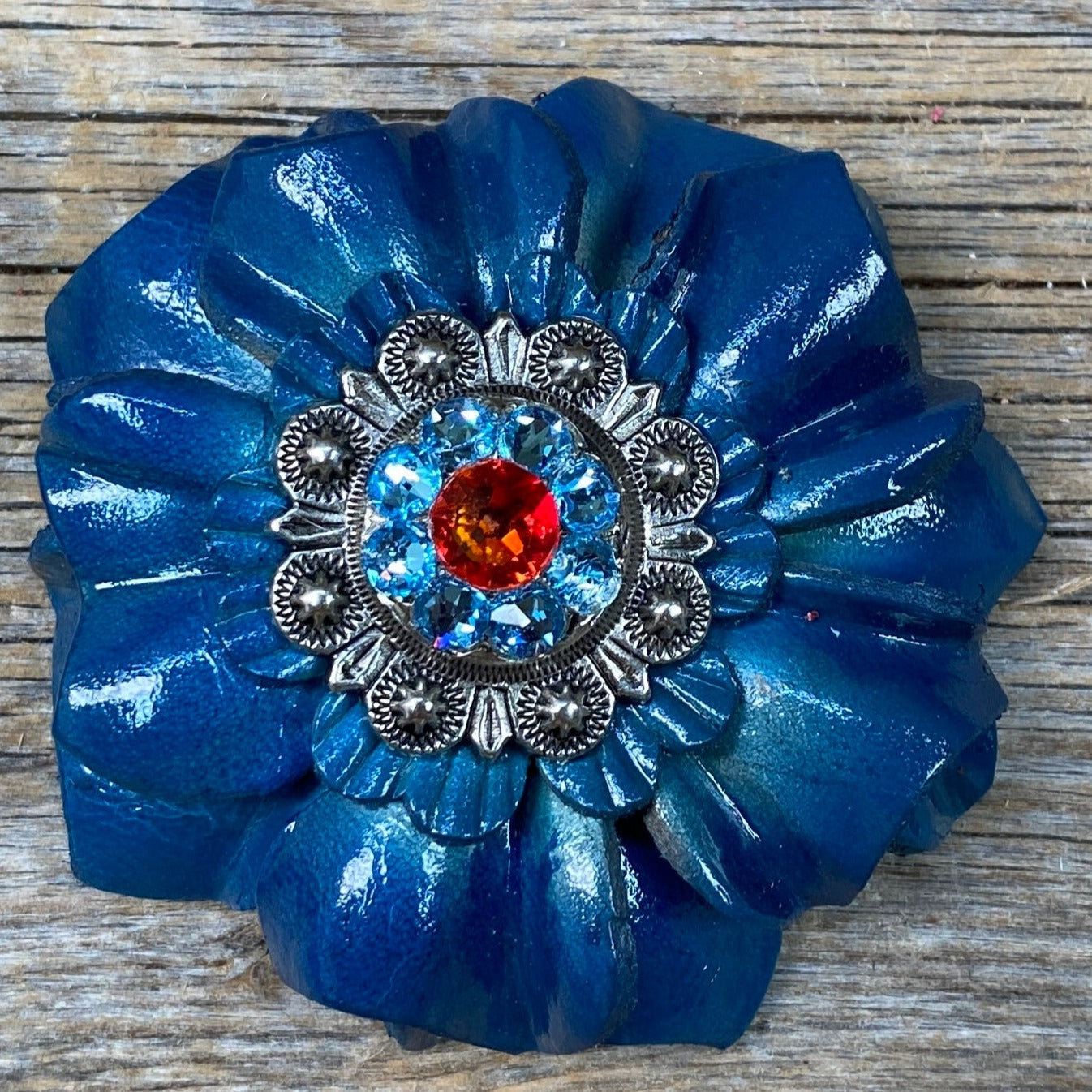 Teal Carnations Leather Flowers - 1" Crystal Conchos - Options
