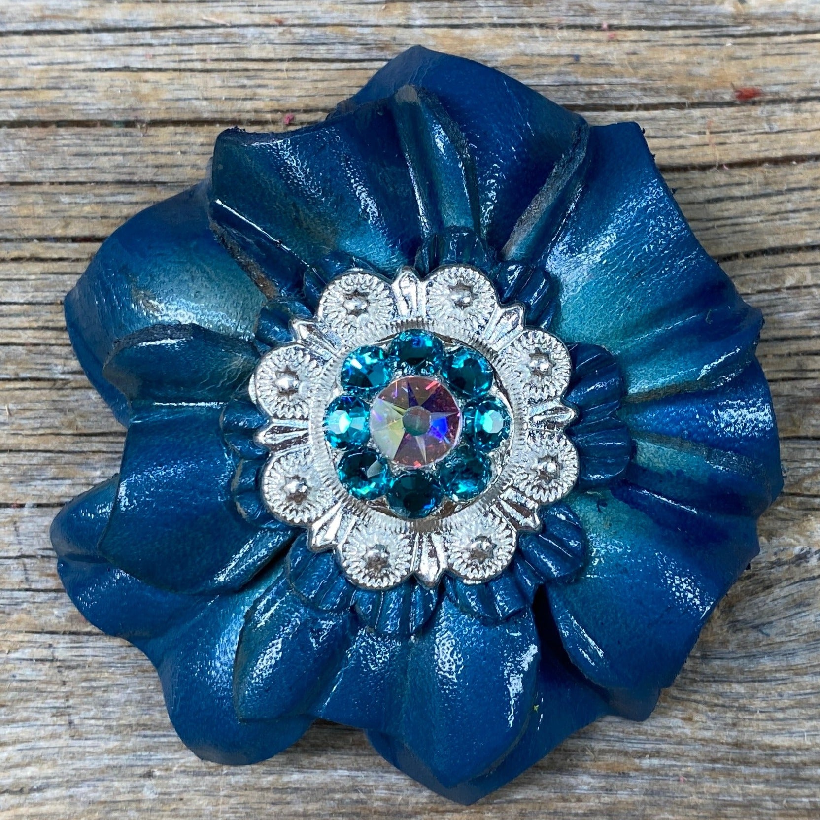 Teal Carnations Leather Flowers - 1" Crystal Conchos - Options