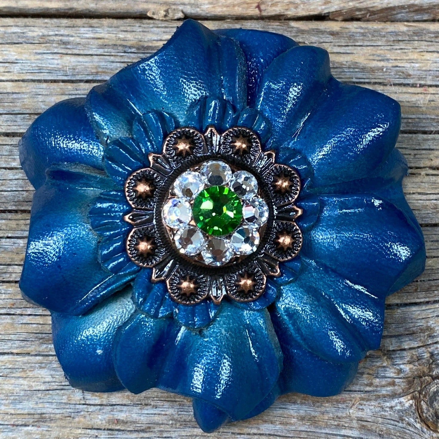 Teal Carnations Leather Flowers - 1" Crystal Conchos - Options
