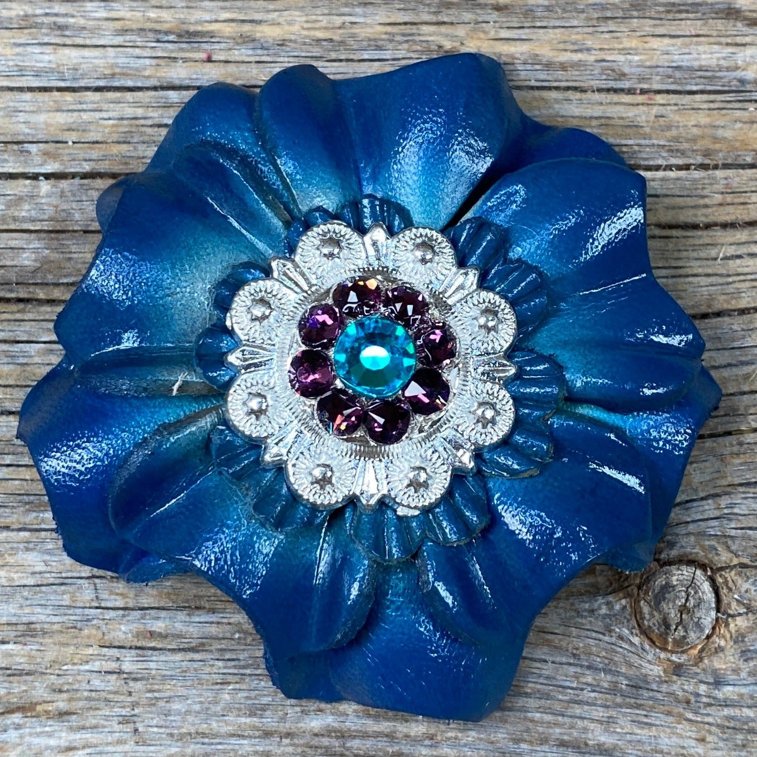 Teal Carnations Leather Flowers - 1" Crystal Conchos - Options