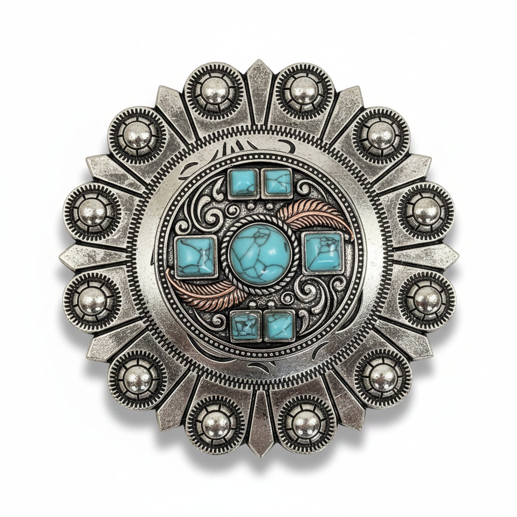 Antique Silver Turquoise and Feather Western Concho W251