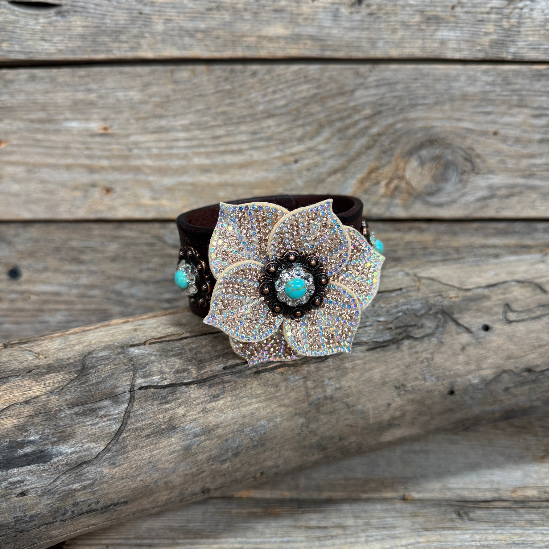 Copper and Turquoise Leather Flower Bracelet LB112
