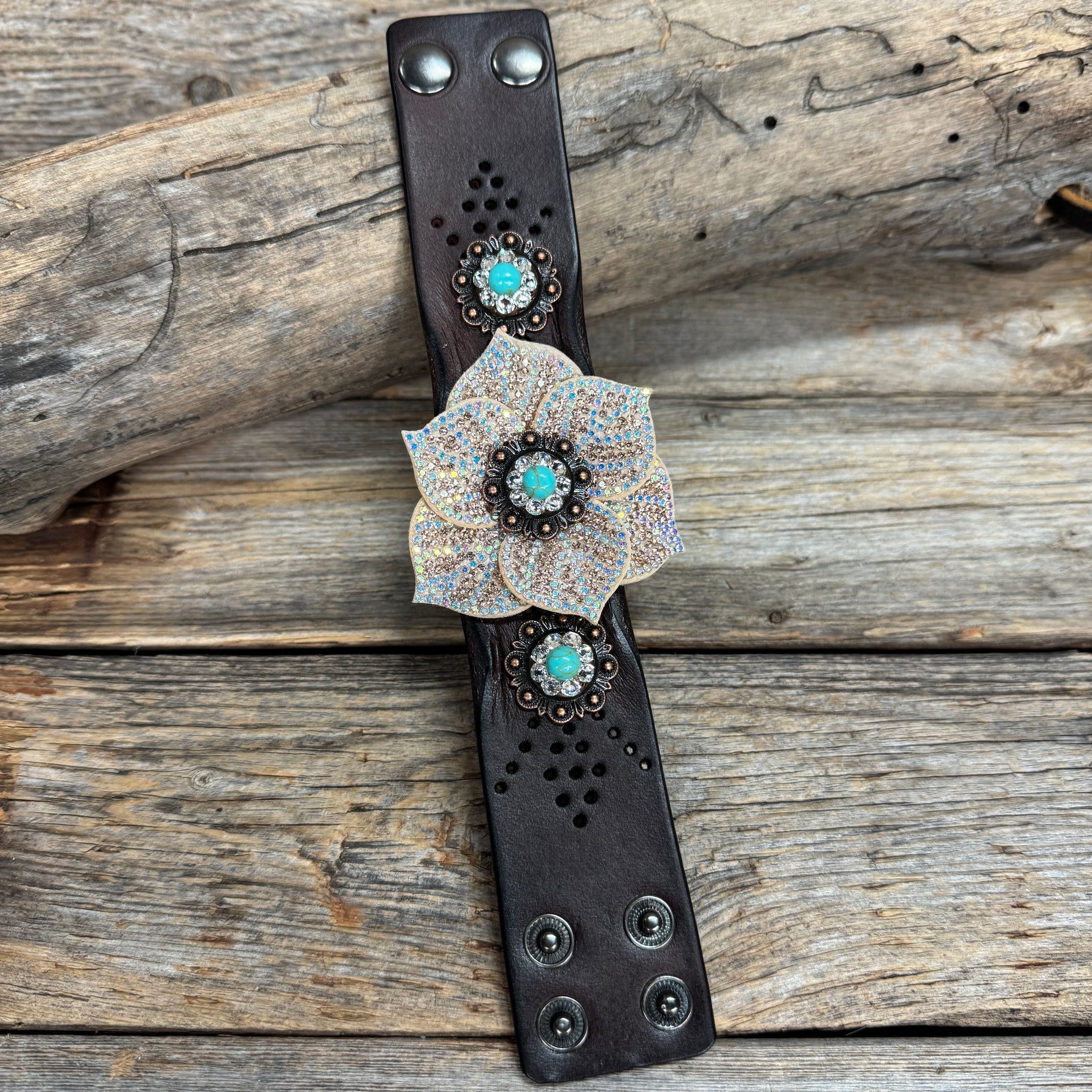 Copper and Turquoise Leather Flower Bracelet LB112