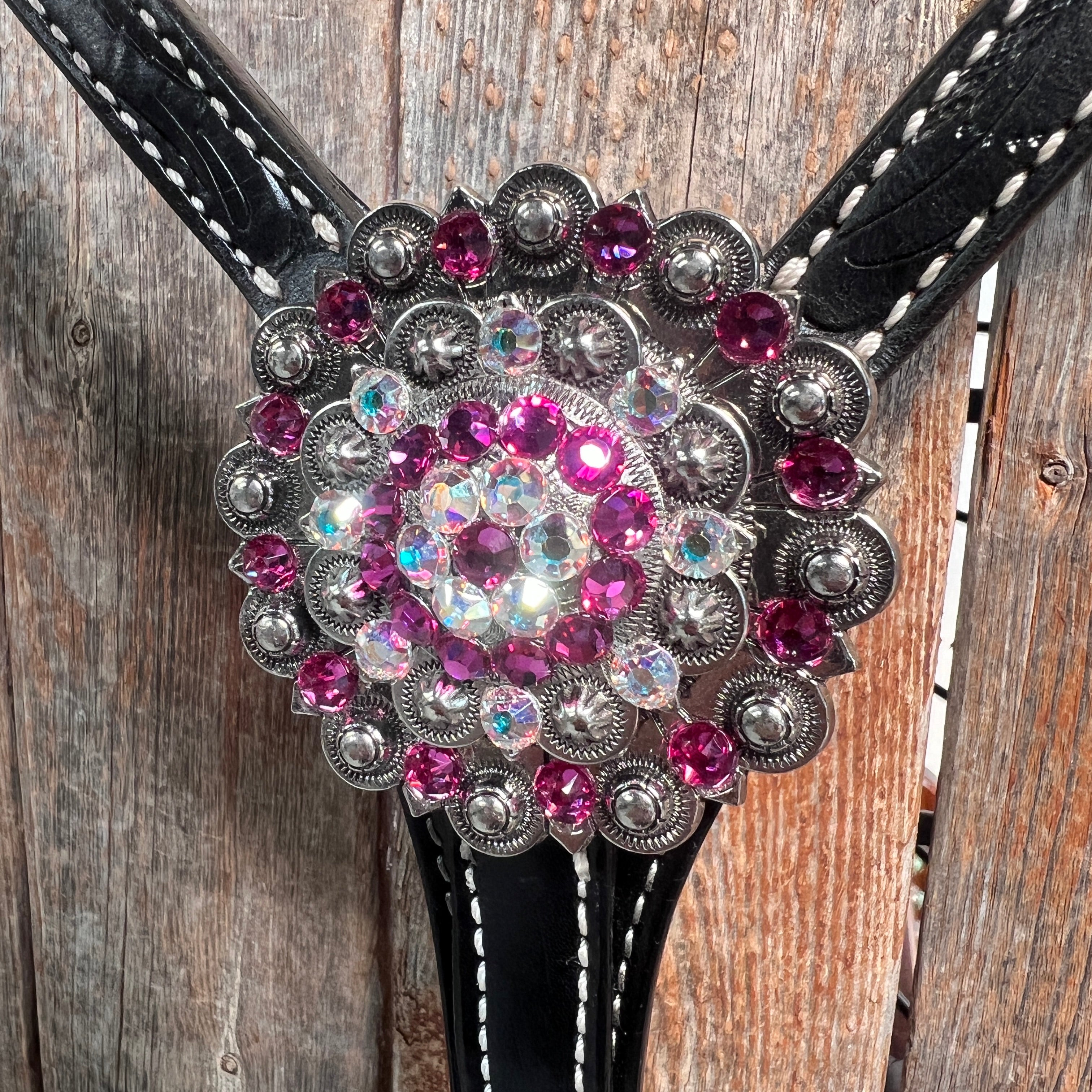 Black Floral Fuchsia Browband / One Ear Tack Set #BBBC596