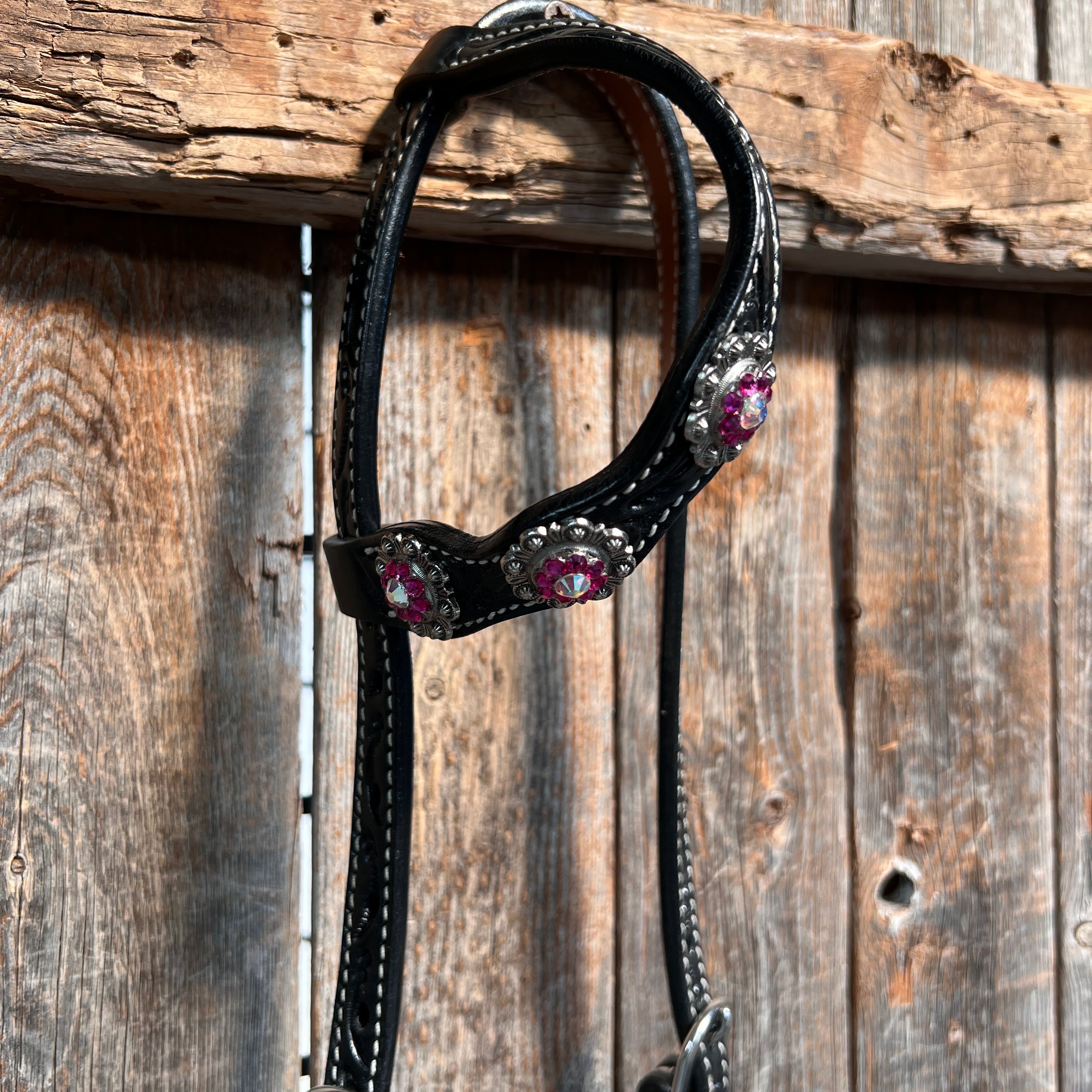Black Floral Fuchsia Browband / One Ear Tack Set #BBBC596