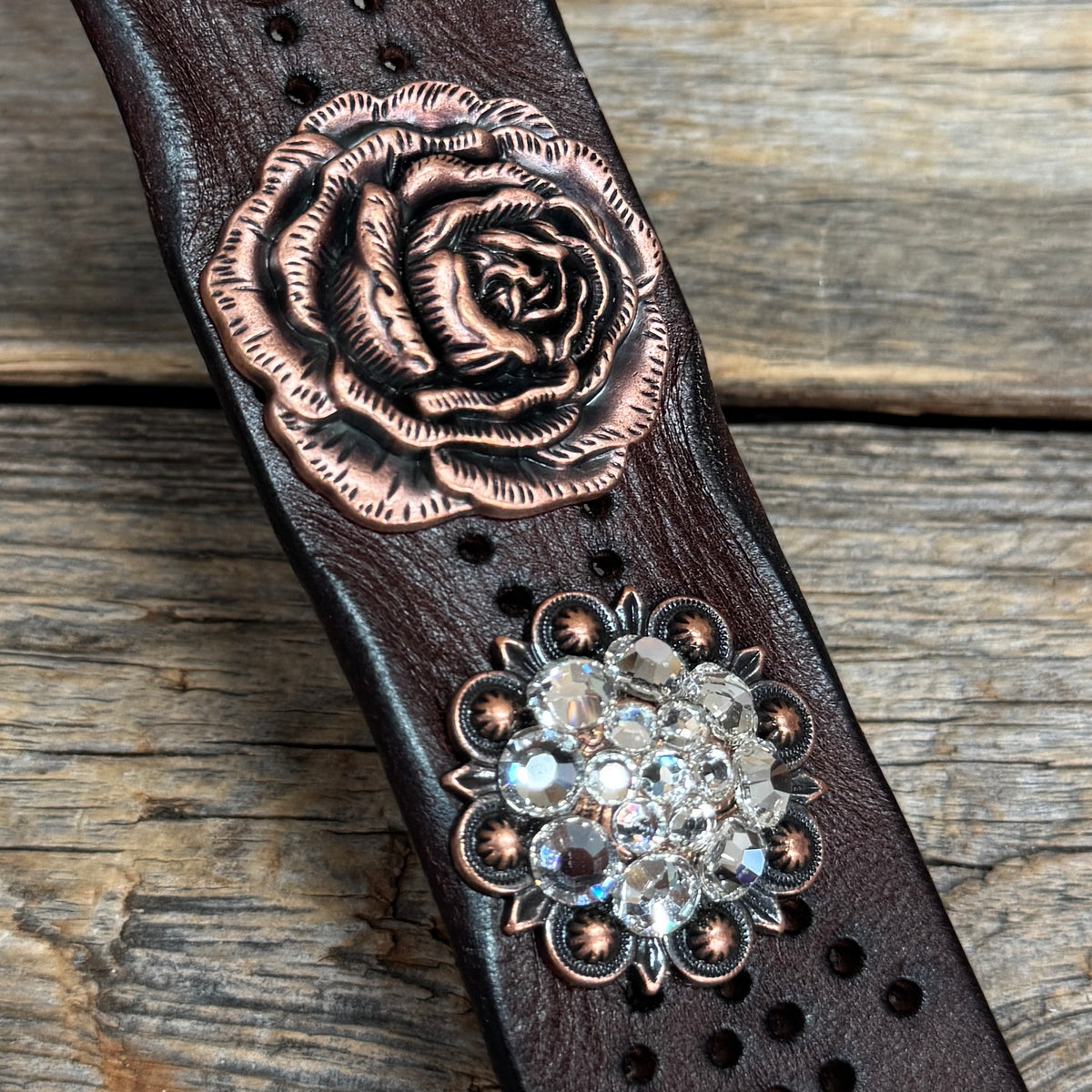 Copper Rose and Clear Crystal Leather Bracelet LB114