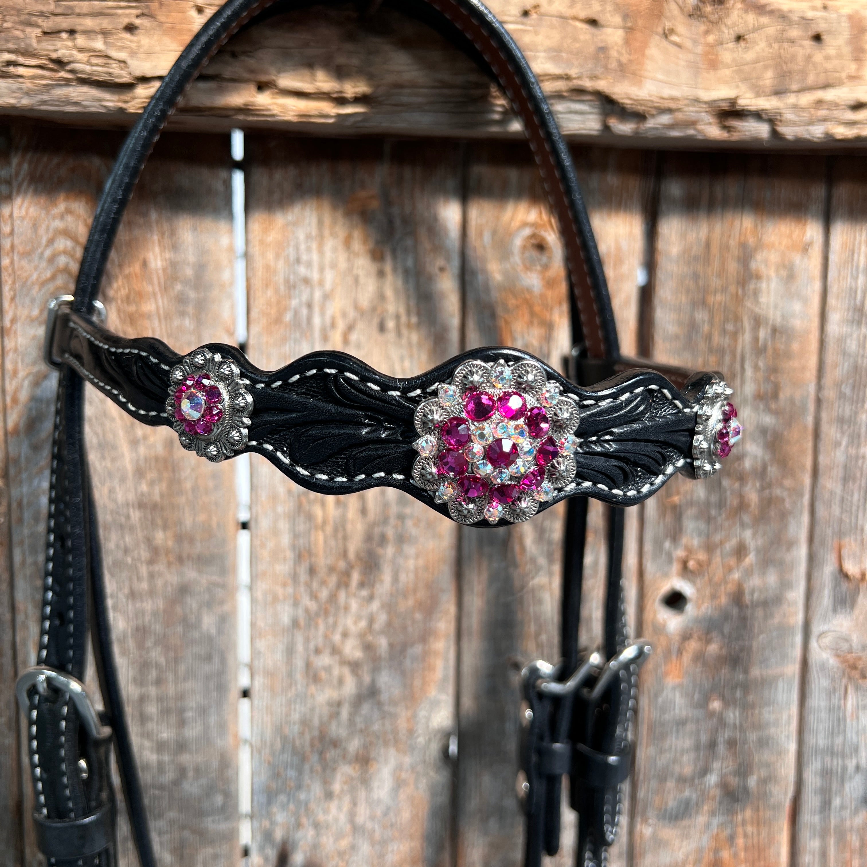Black Floral Fuchsia Browband / One Ear Tack Set #BBBC596