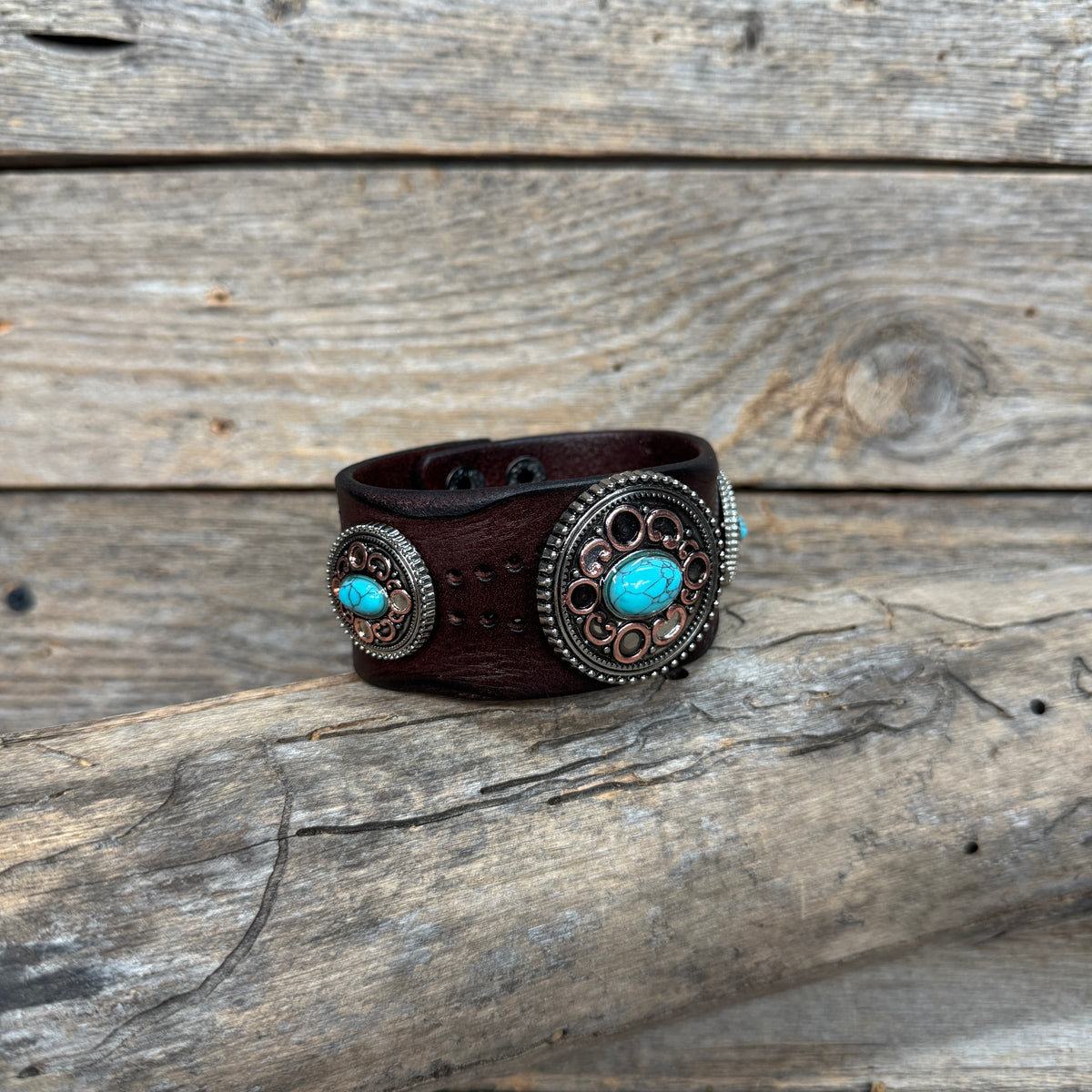 Antique Silver and Copper Turquoise Leather Bracelet LB115