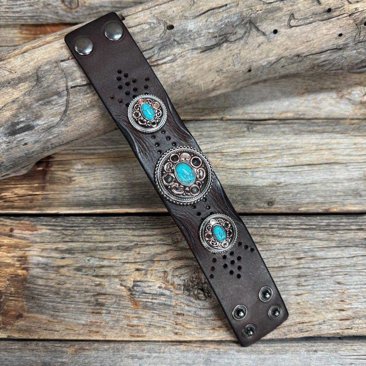 Antique Silver and Copper Turquoise Leather Bracelet LB115