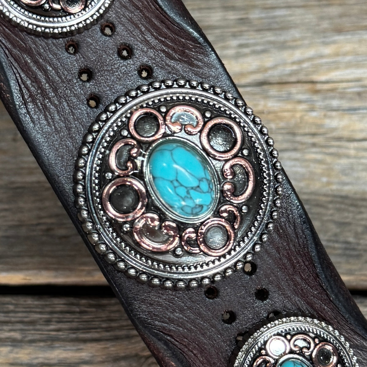 Antique Silver and Copper Turquoise Leather Bracelet LB115