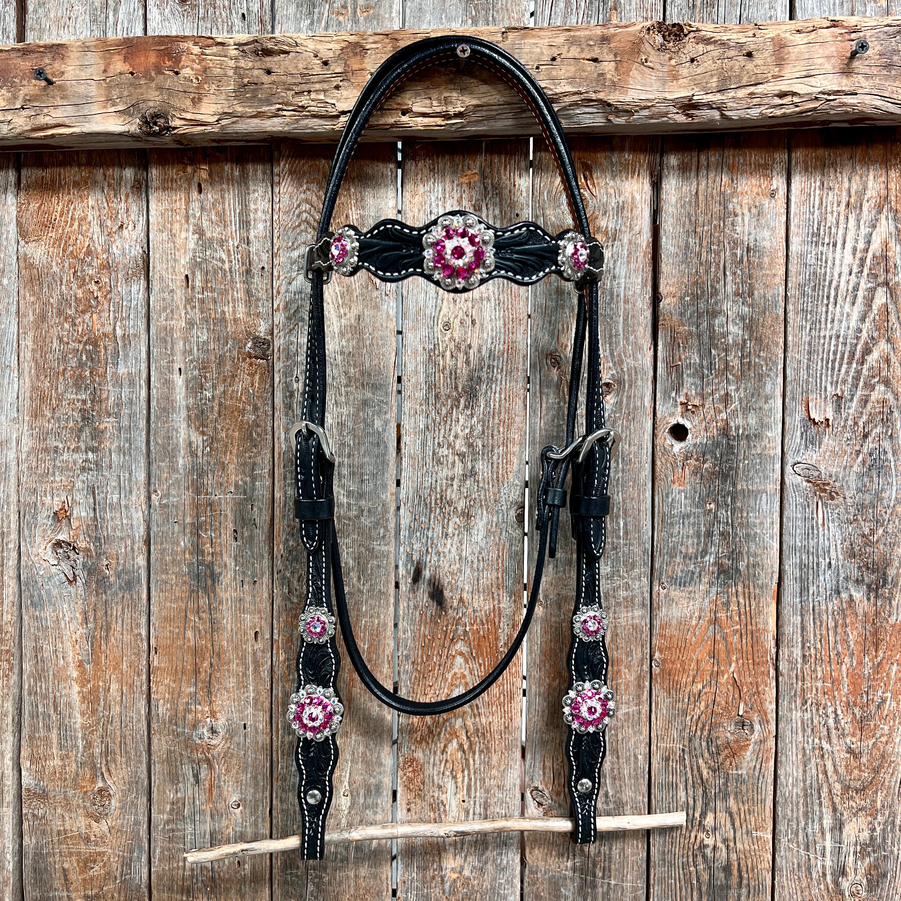 Black Floral Fuchsia Browband / One Ear Tack Set #BBBC596