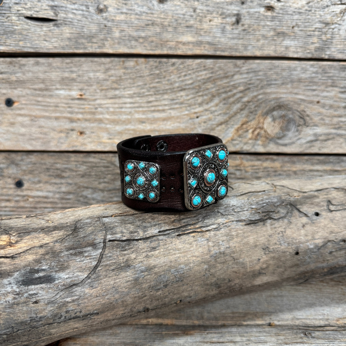 Antique Silver and Copper Turquoise Square Leather Bracelet LB118