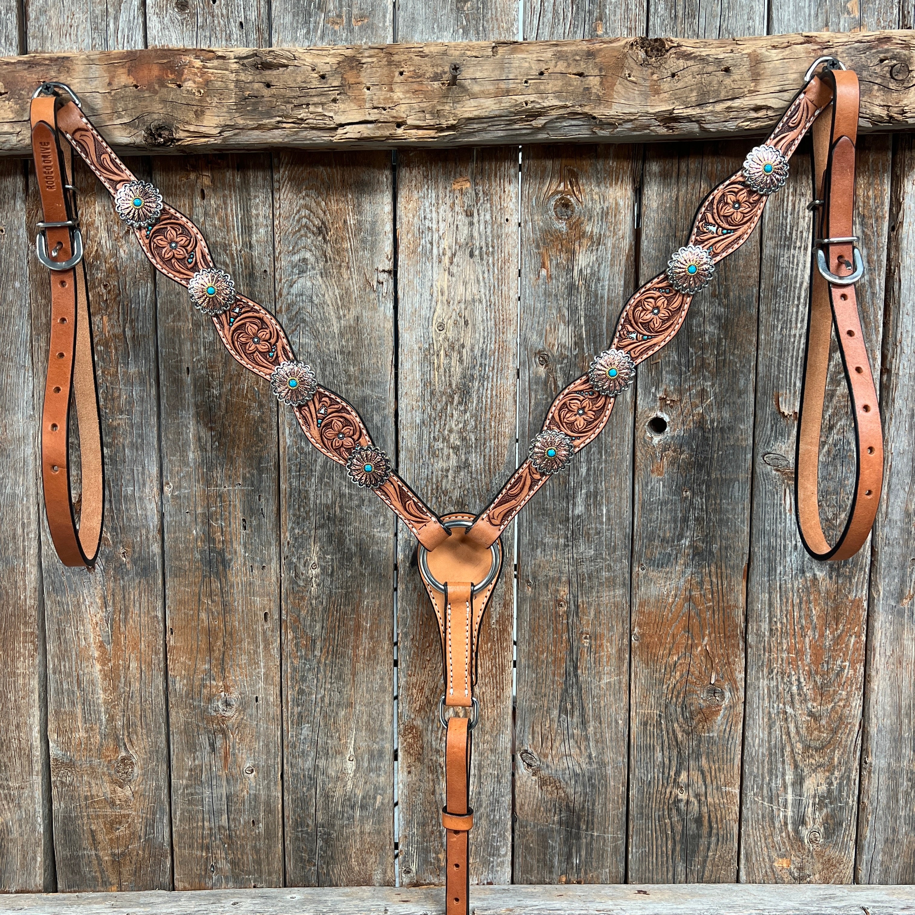 Floral Teal Dot Western Floral Browband/One Ear Headstall & Breastcollar Tack Set #BBBC593