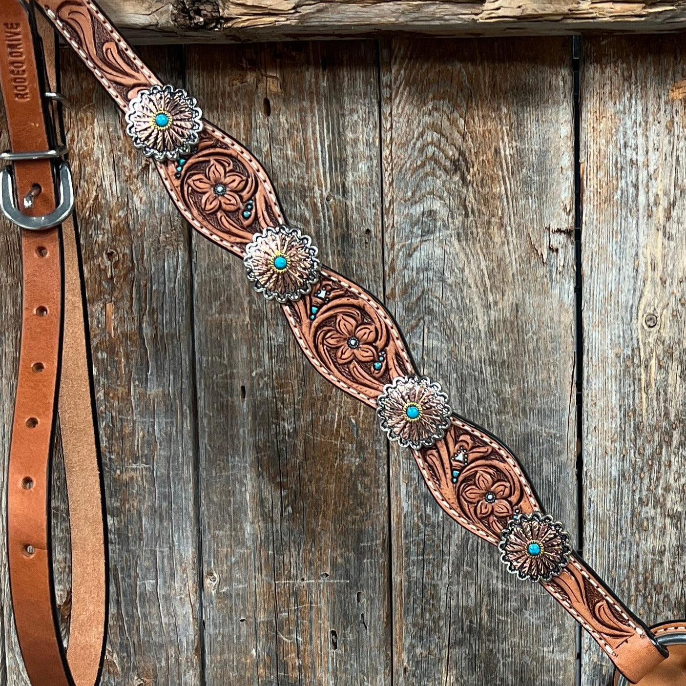 Floral Teal Dot Western Floral Browband/One Ear Headstall & Breastcollar Tack Set #BBBC593