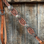 Floral Teal Dot Western Floral Browband/One Ear Headstall & Breastcollar Tack Set #BBBC593