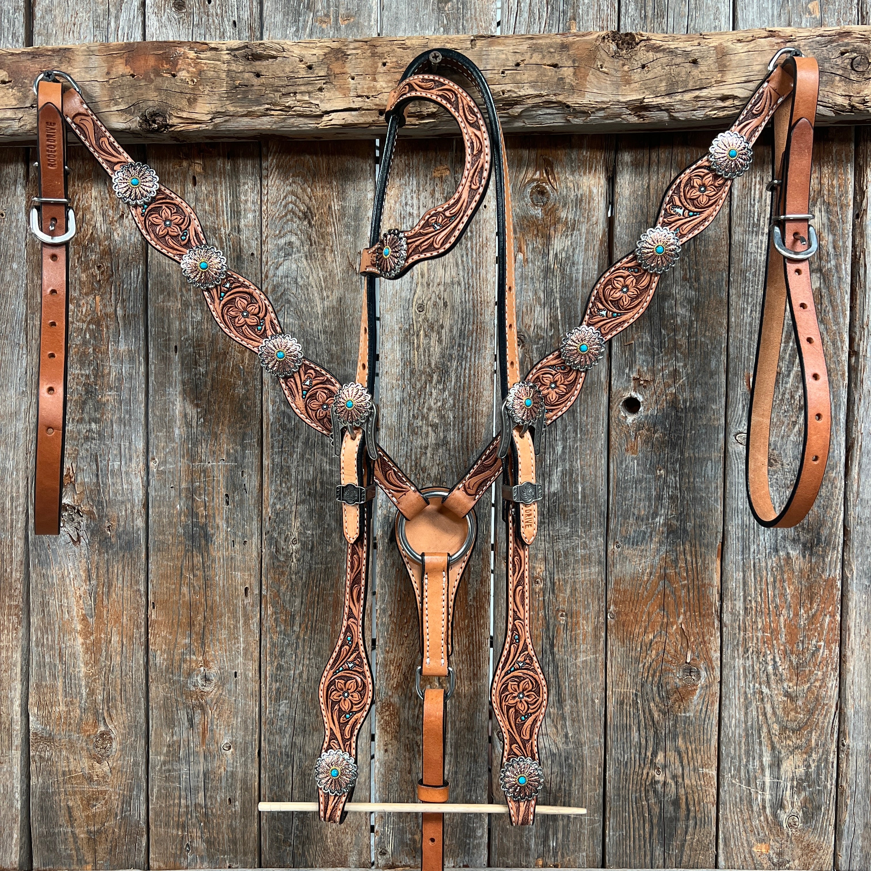 Floral Teal Dot Western Floral Browband/One Ear Headstall & Breastcollar Tack Set #BBBC593