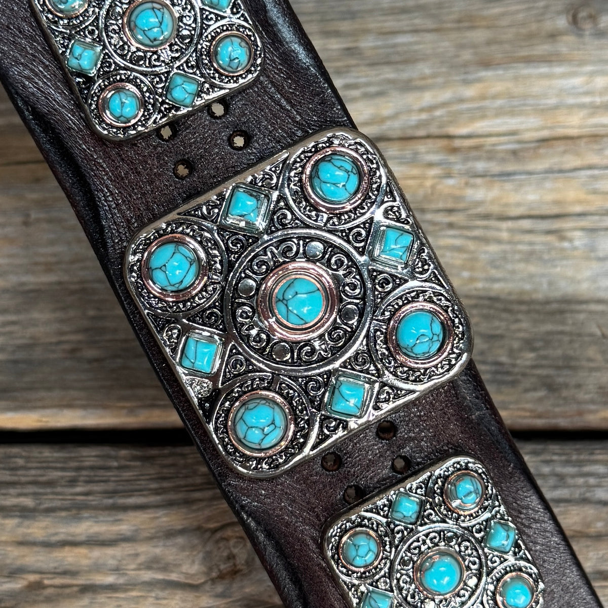 Antique Silver and Copper Turquoise Square Leather Bracelet LB118