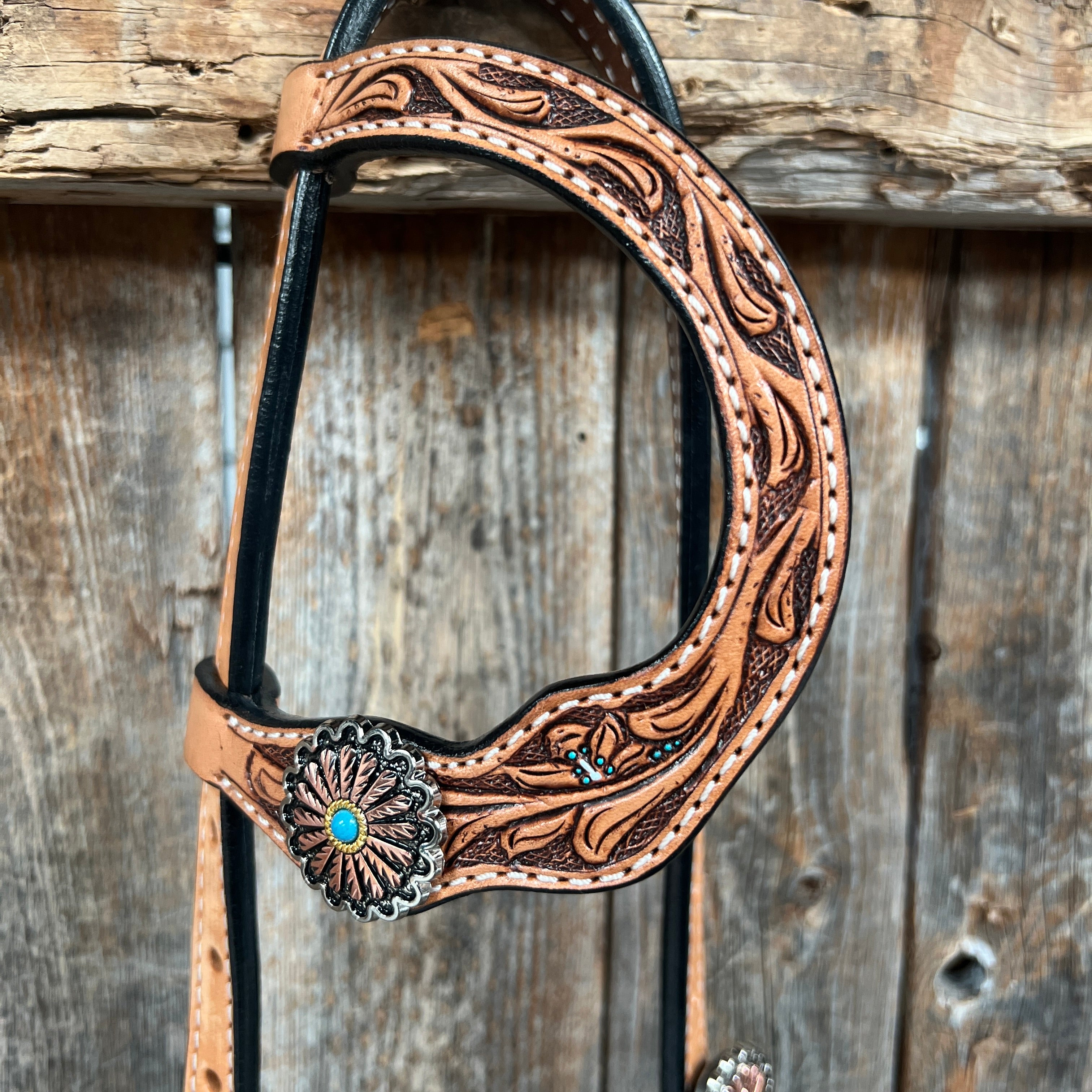 Floral Teal Dot Western Floral Browband/One Ear Headstall & Breastcollar Tack Set #BBBC593