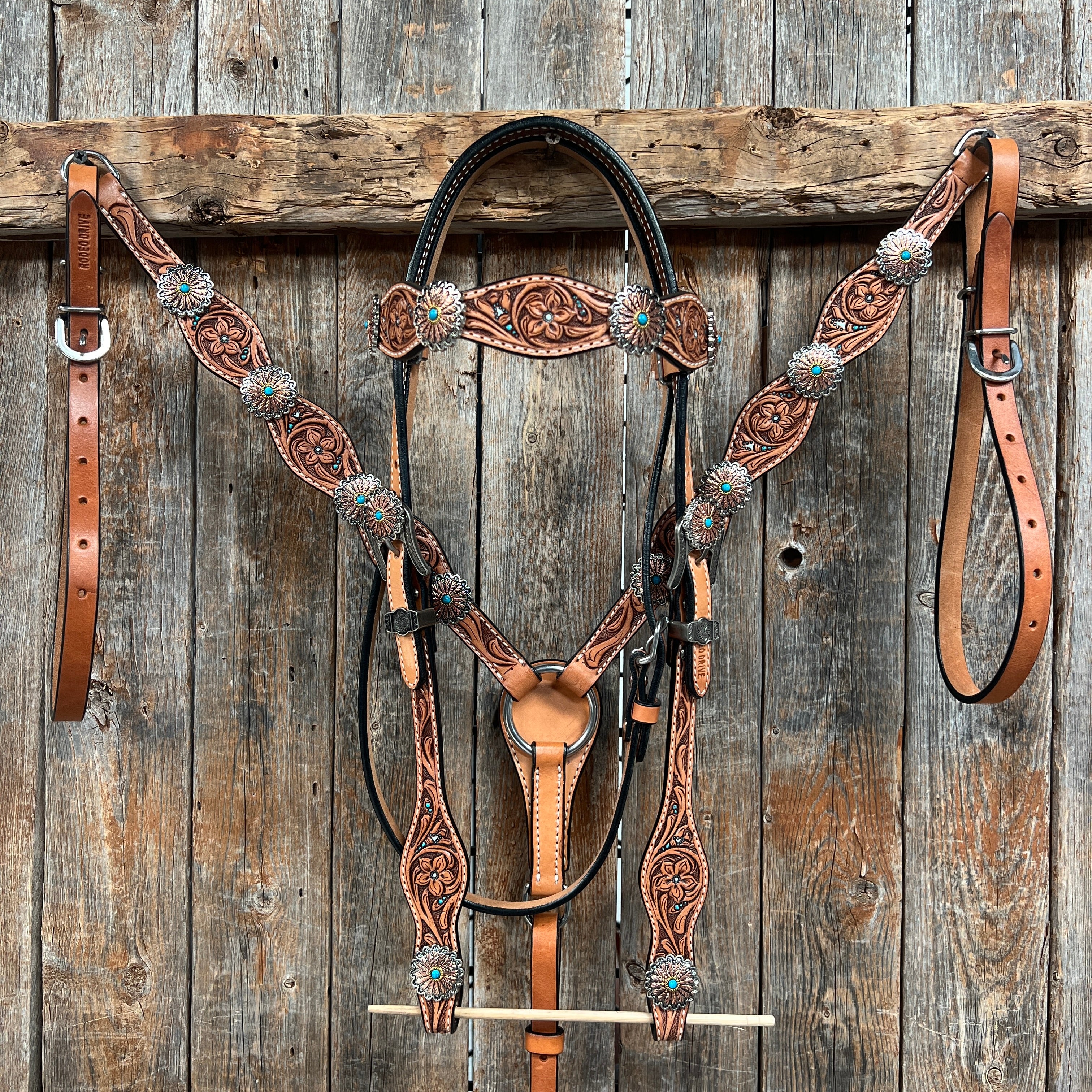 Floral Teal Dot Western Floral Browband/One Ear Headstall & Breastcollar Tack Set #BBBC593