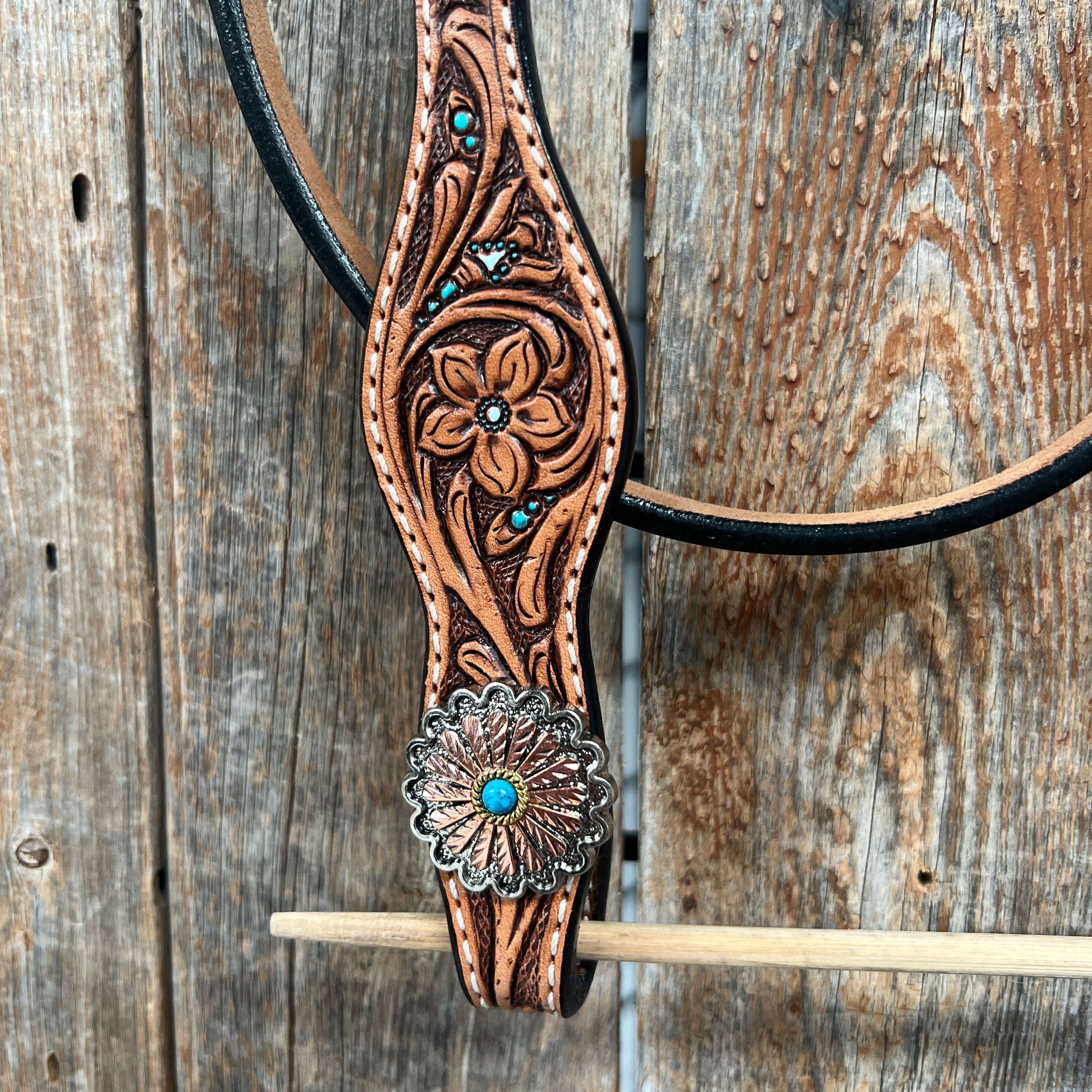 Floral Teal Dot Western Floral Browband/One Ear Headstall & Breastcollar Tack Set #BBBC593