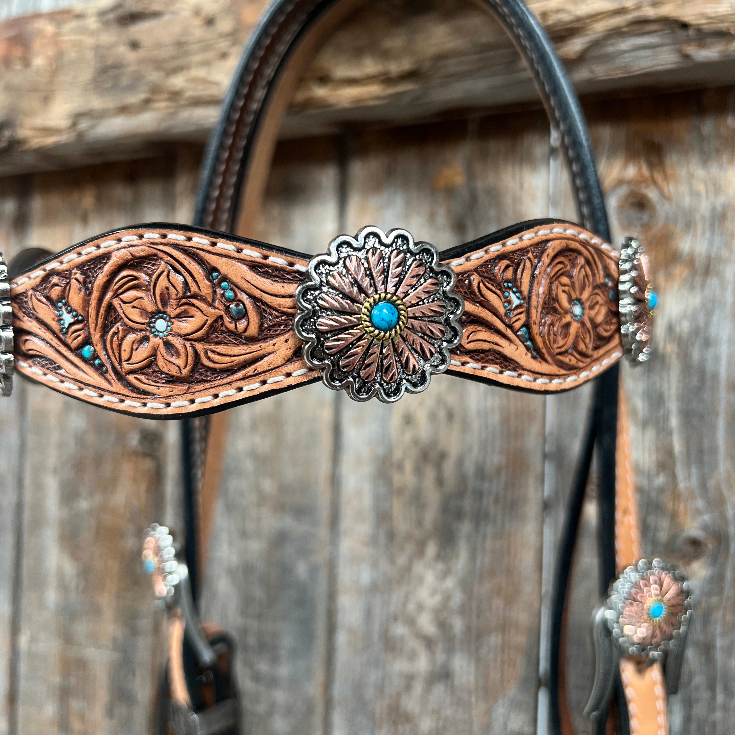 Floral Teal Dot Western Floral Browband/One Ear Headstall & Breastcollar Tack Set #BBBC593