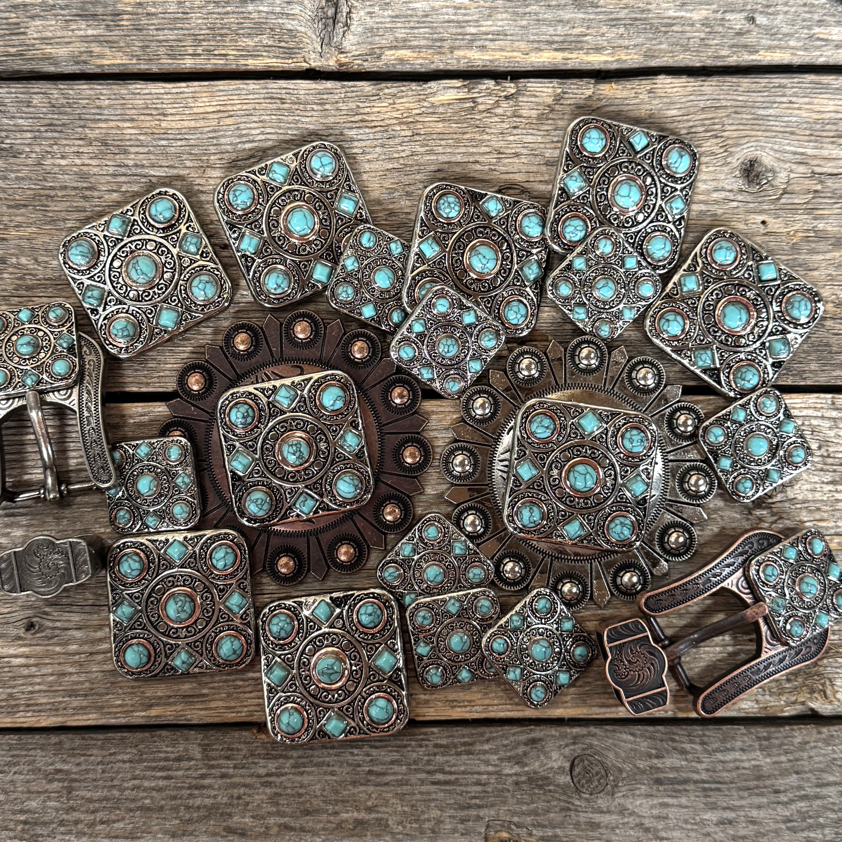Antique Silver and Copper Square Turquoise Western Conchos W243