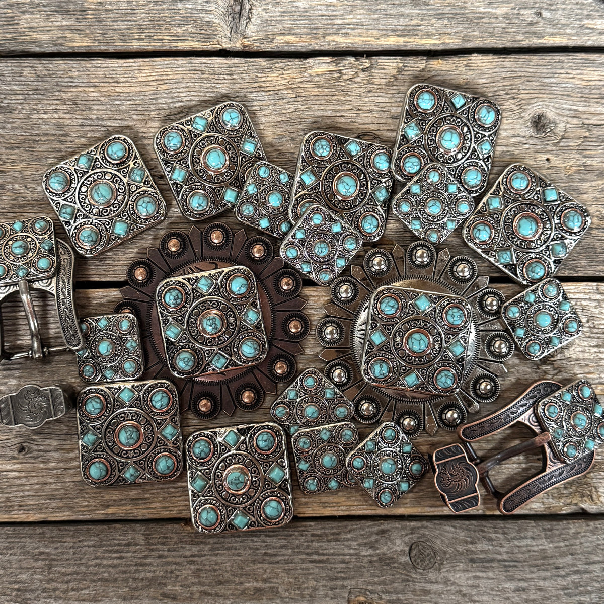 Antique Silver and Copper Square Turquoise Western Conchos W243