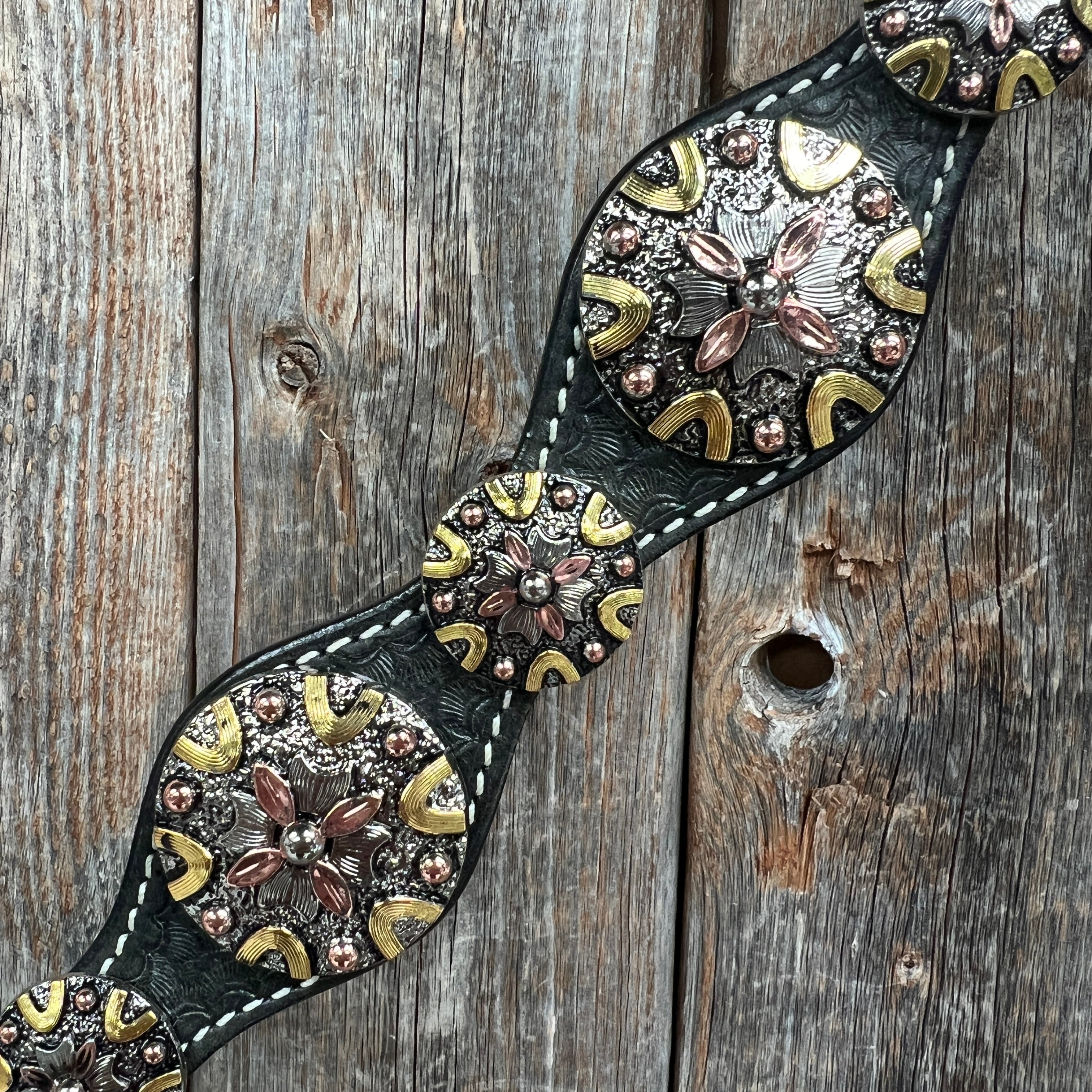 Black Basketweave Copper - Antique Silver Browband Tack Set  #BBBC597