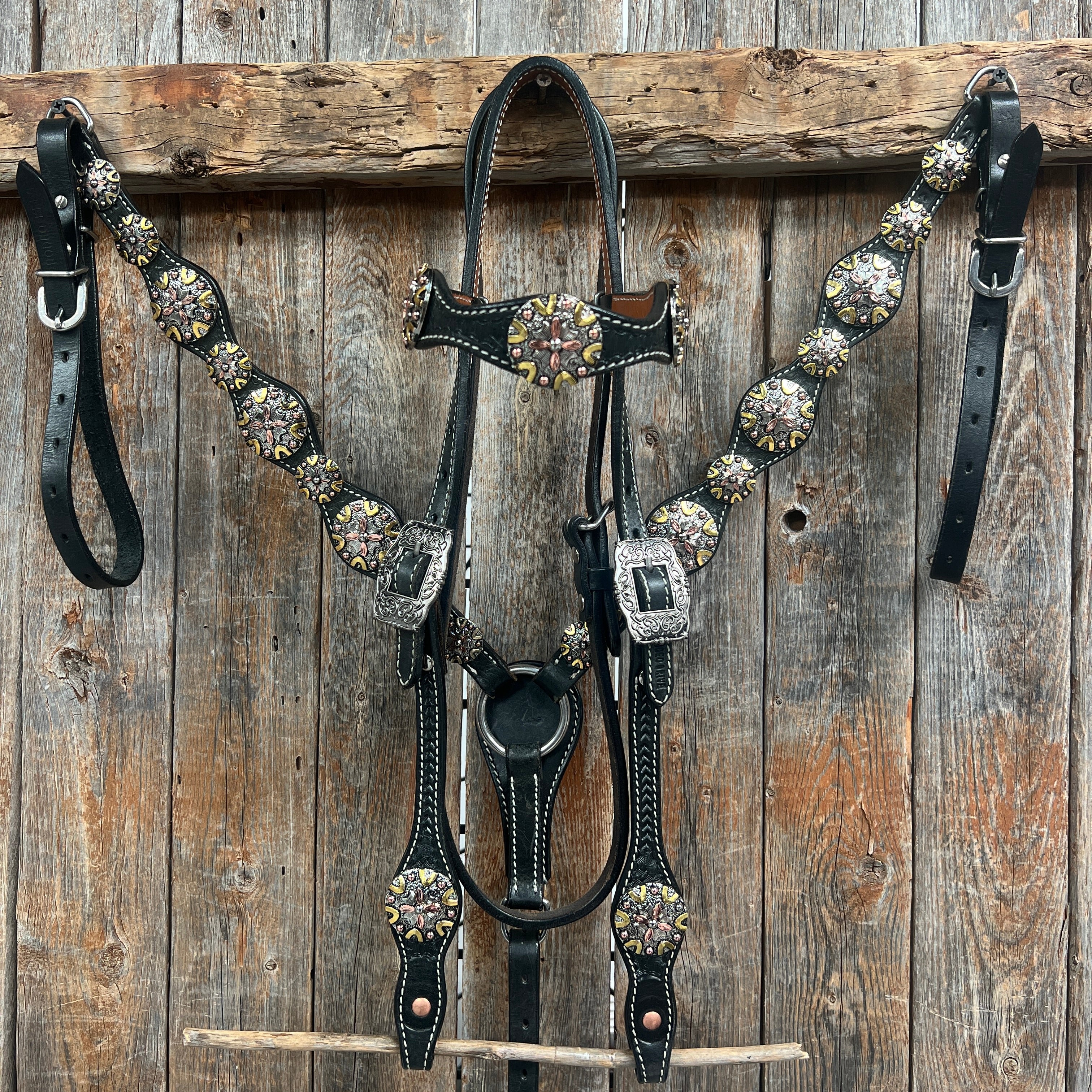 Black Basketweave Copper - Antique Silver Browband Tack Set  #BBBC597