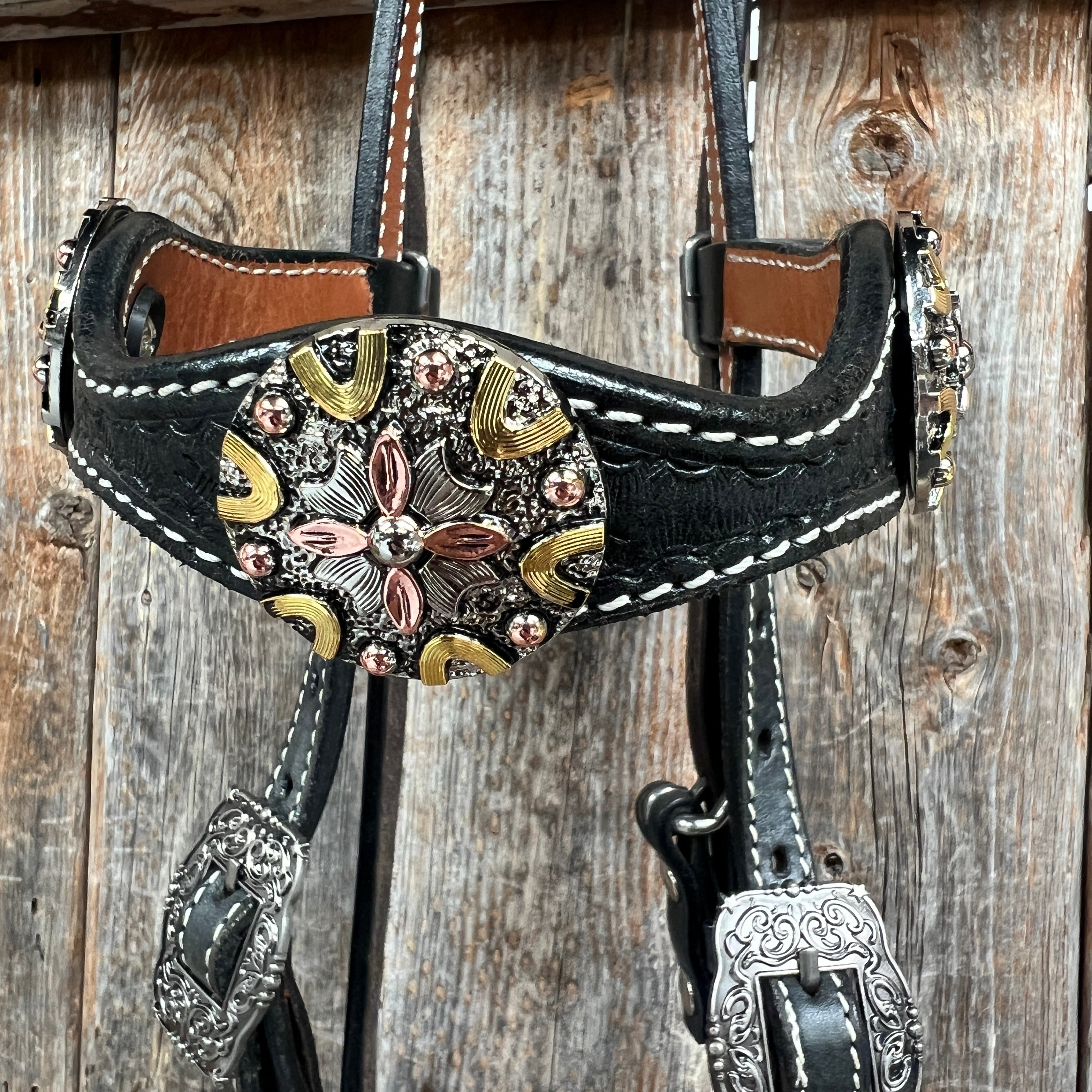 Black Basketweave Copper - Antique Silver Browband Tack Set  #BBBC597