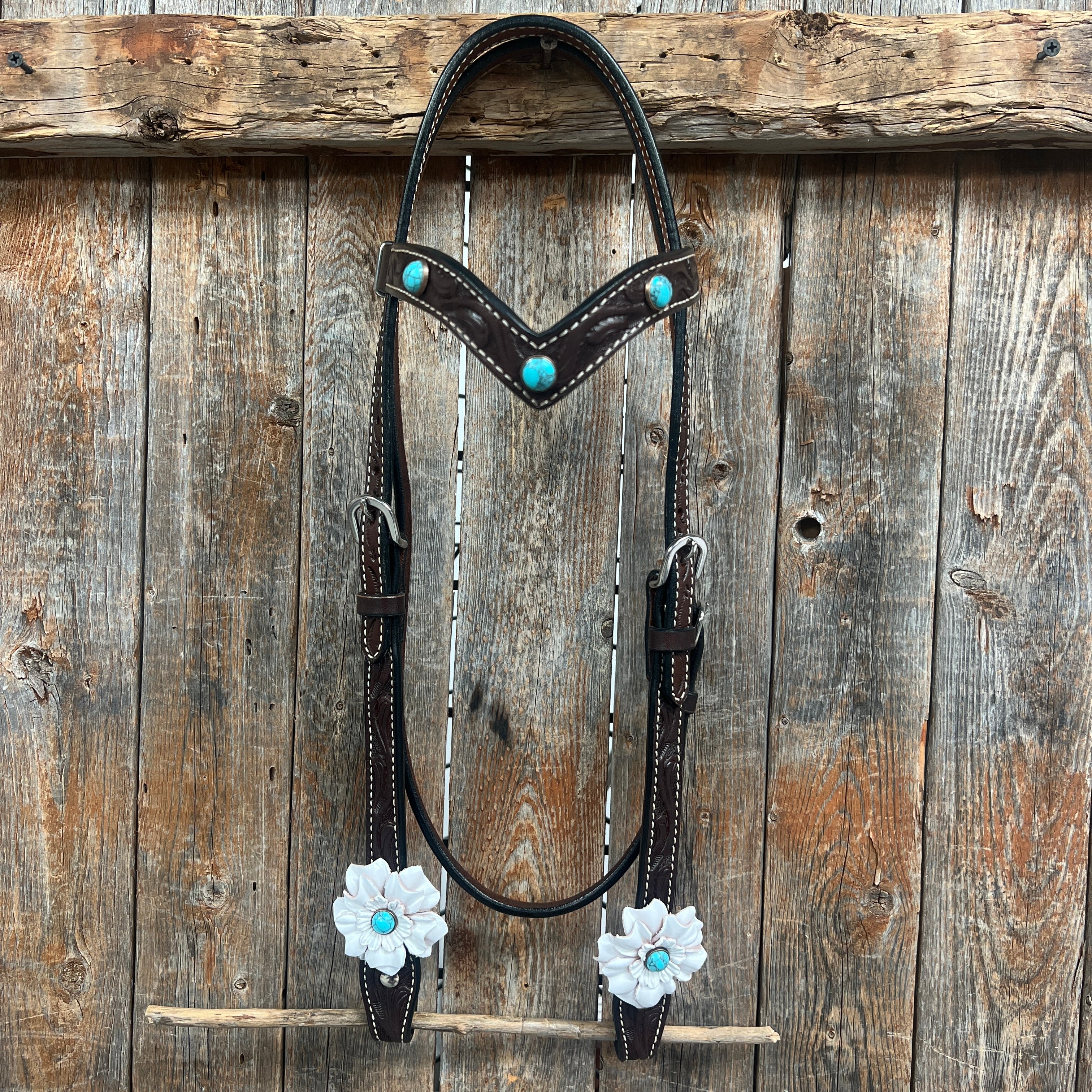 Dark Oil Floral Turquoise Cabochon Browband / Breastcollar Tack Set  #BBBC598