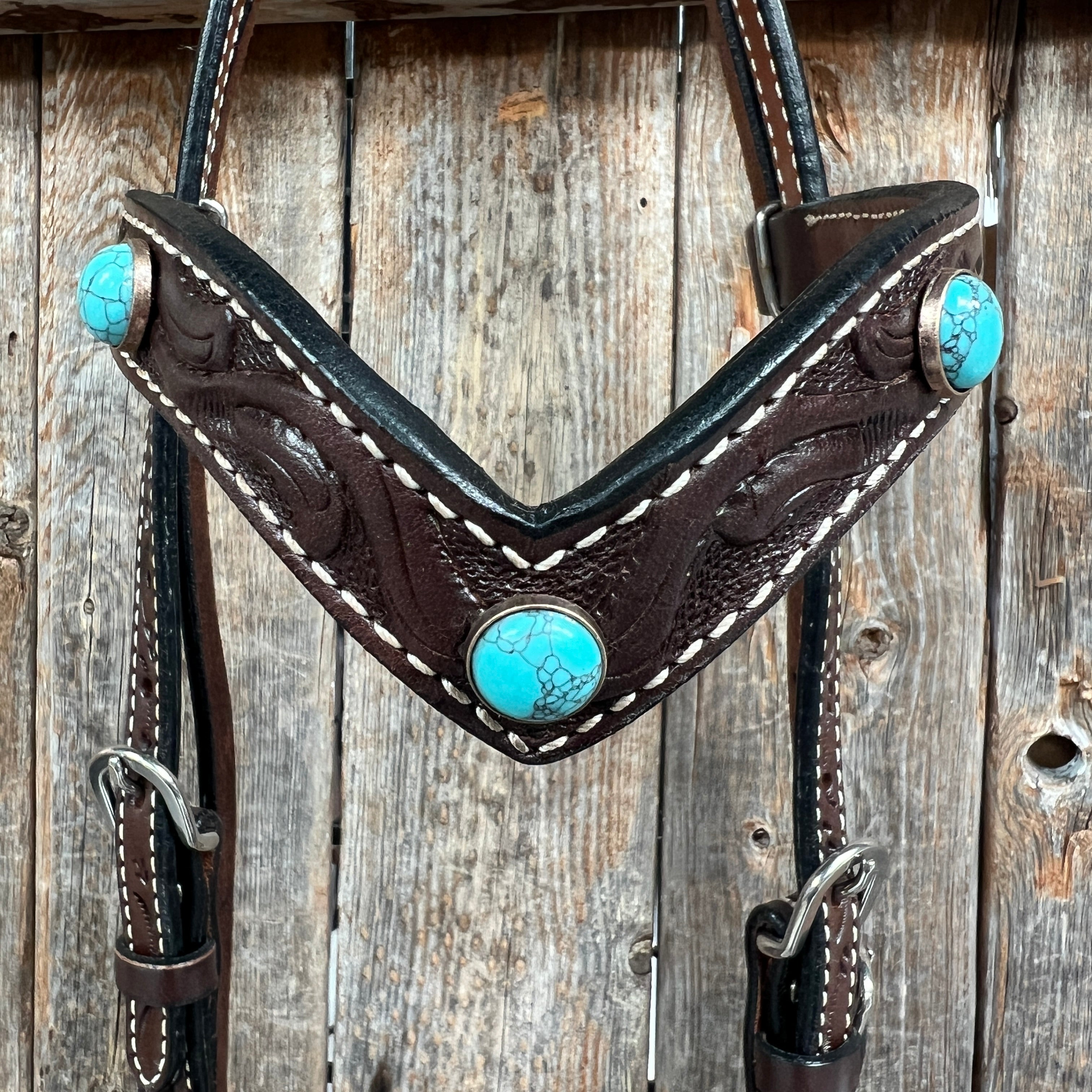 Dark Oil Floral Turquoise Cabochon Browband / Breastcollar Tack Set  #BBBC598