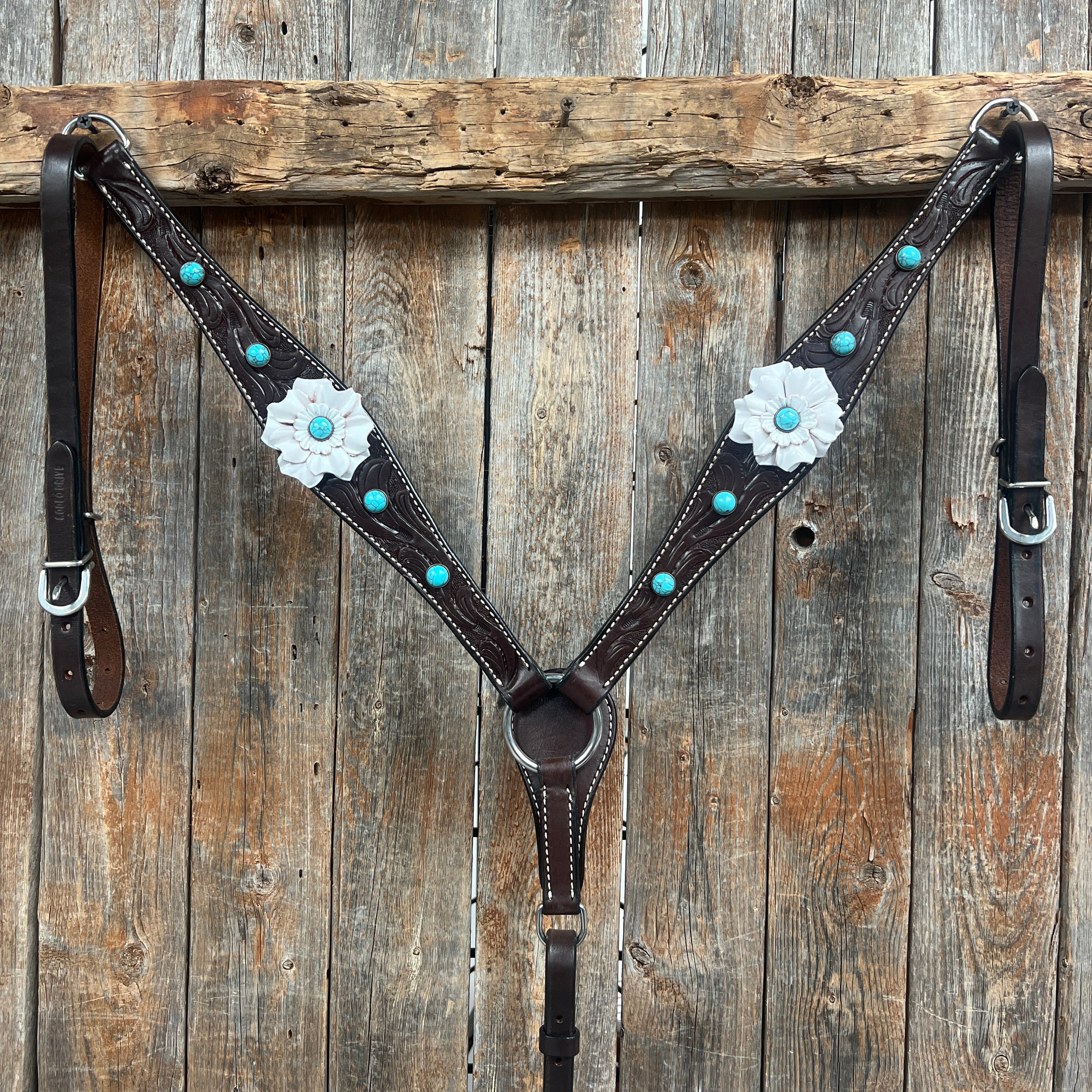 Dark Oil Floral Turquoise Cabochon Browband / Breastcollar Tack Set  #BBBC598
