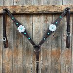 Dark Oil Floral Turquoise Cabochon Browband / Breastcollar Tack Set  #BBBC598