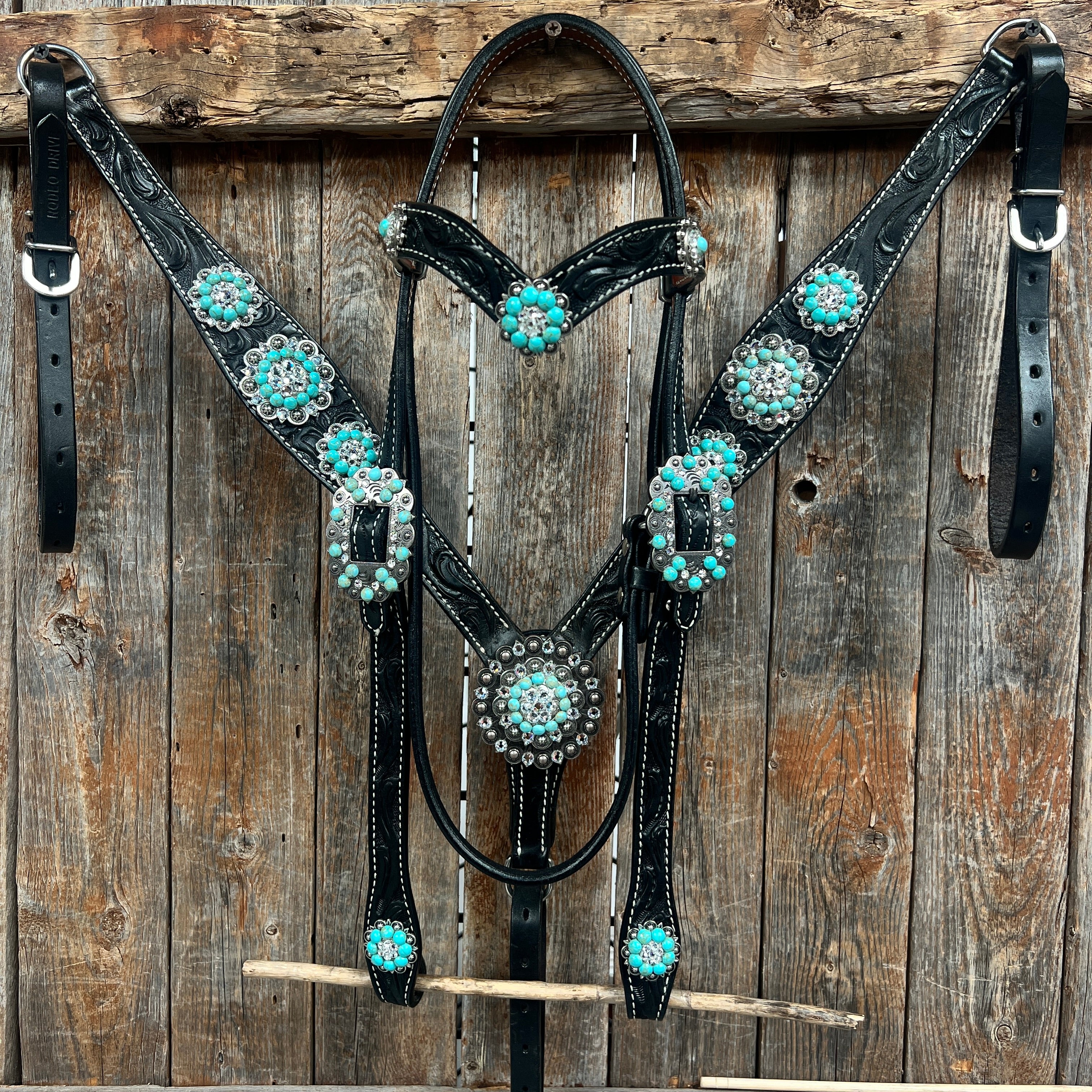 Black Floral Turquoise - Clear Browband / Breastcollar Tack Set  #BBBC601